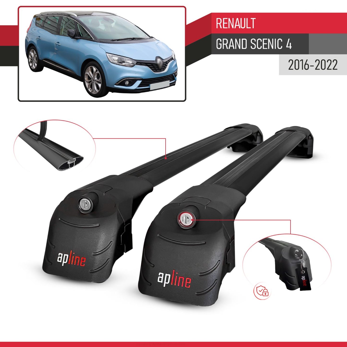 Compatible avec Renault Grand Scenic 4 2016-2022 ACE-2 modèle Barres de Toit Railing Porte-Bagages de Voiture Noir Aluminium Barres