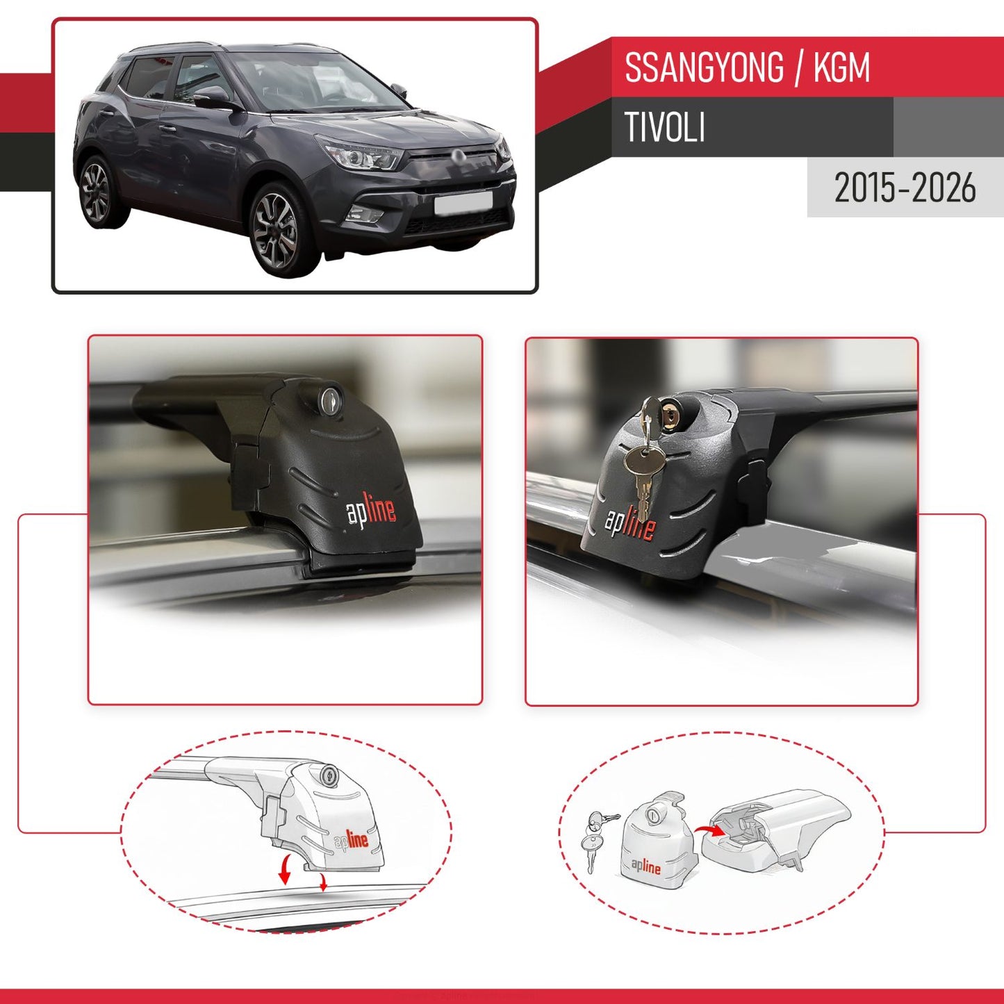 Kompatibel mit Ssangyong Tivoli 2015-2025 ACE-2 Relingträger Dachträger Auto Gepäckträger Schwarz Aluminium 2 Stangen