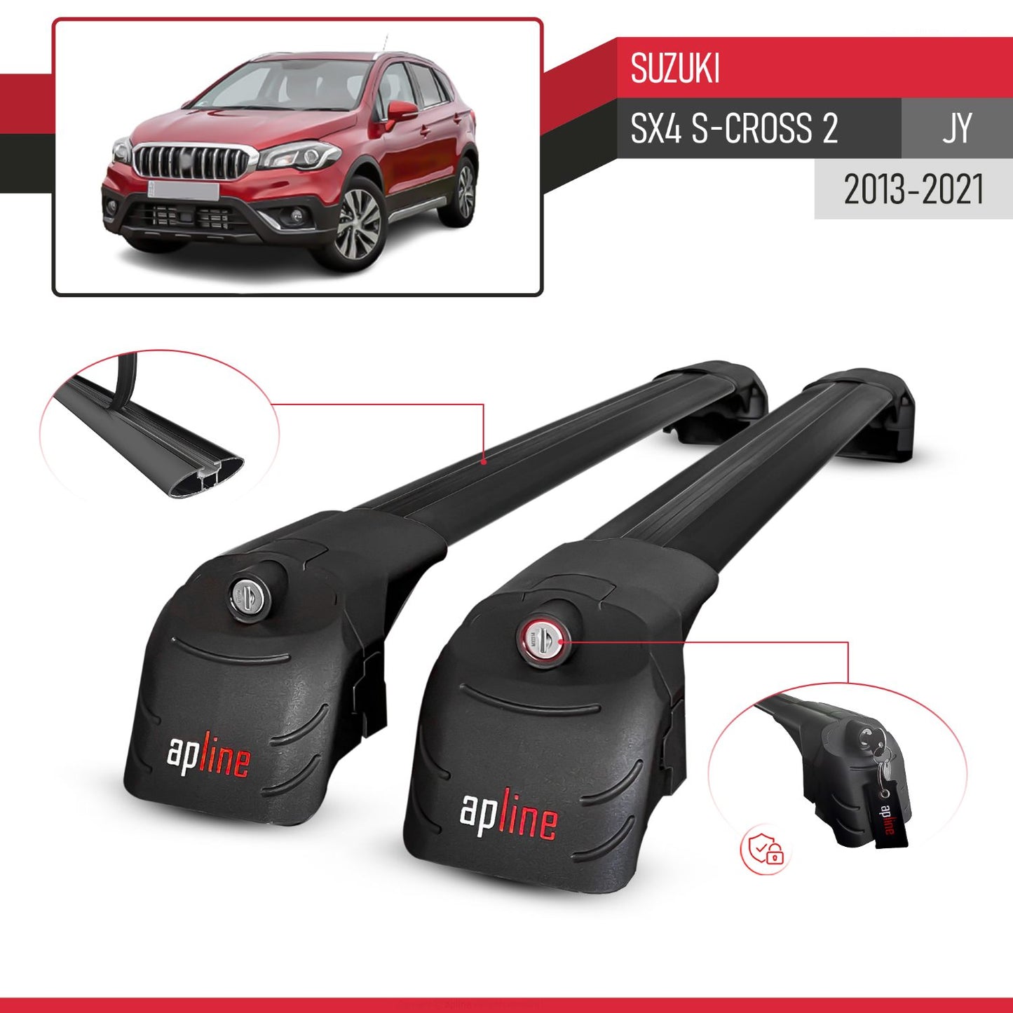 Kompatibel mit Suzuki SX4 S-Cross 3 (JYB) 2013-2021 ACE-2 Relingträger Dachträger Auto Gepäckträger Schwarz Aluminium 2 Stangen