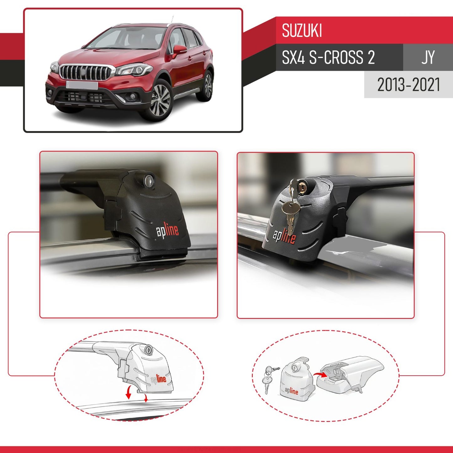 Kompatibel mit Suzuki SX4 S-Cross 3 (JYB) 2013-2021 ACE-2 Relingträger Dachträger Auto Gepäckträger Schwarz Aluminium 2 Stangen