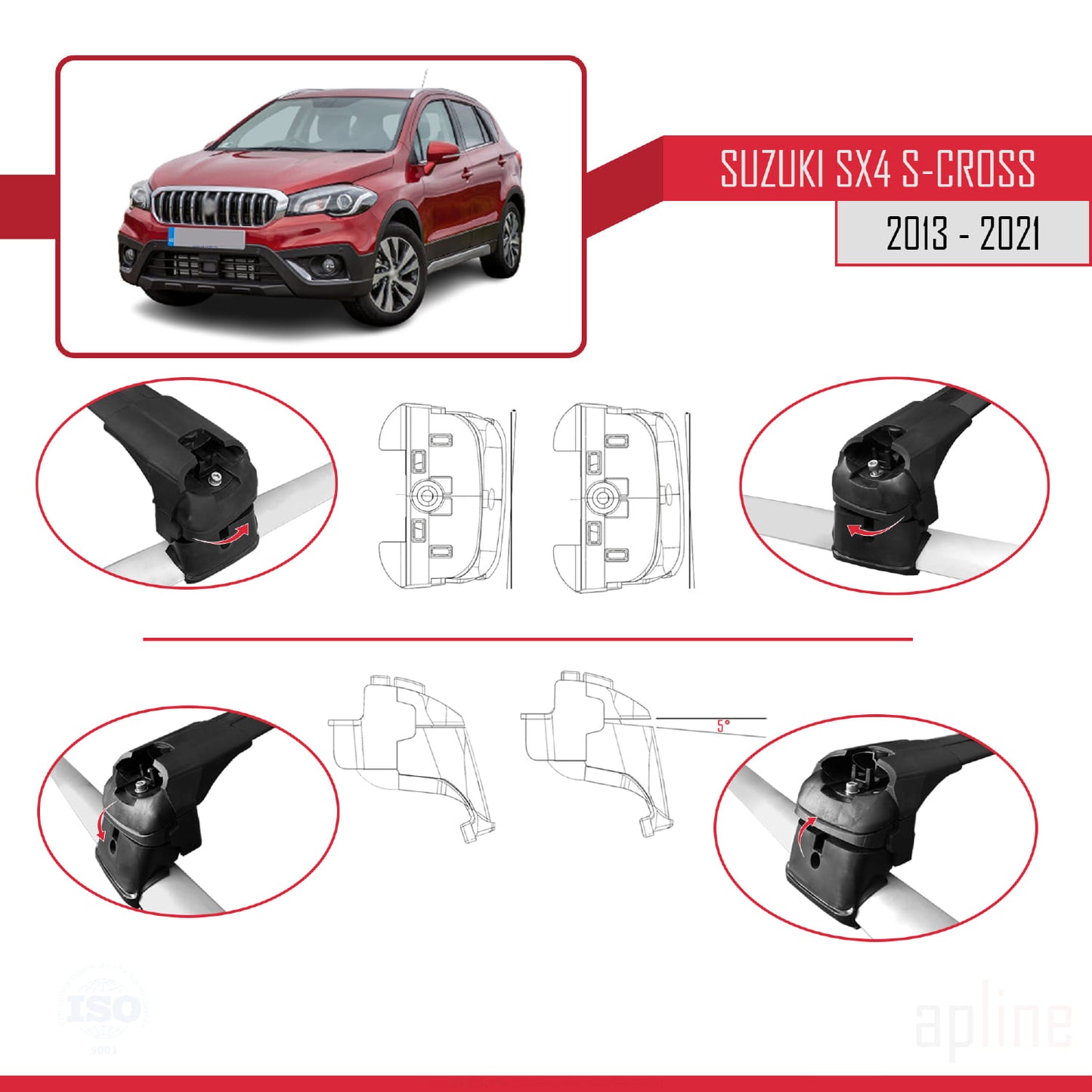 Compatible avec Suzuki SX4 S-Cross 3 (JYB) 2013-2021 ACE-2 Barres de Toit Railing Porte-Bagages de Voiture Noir Aluminium 2 Barres