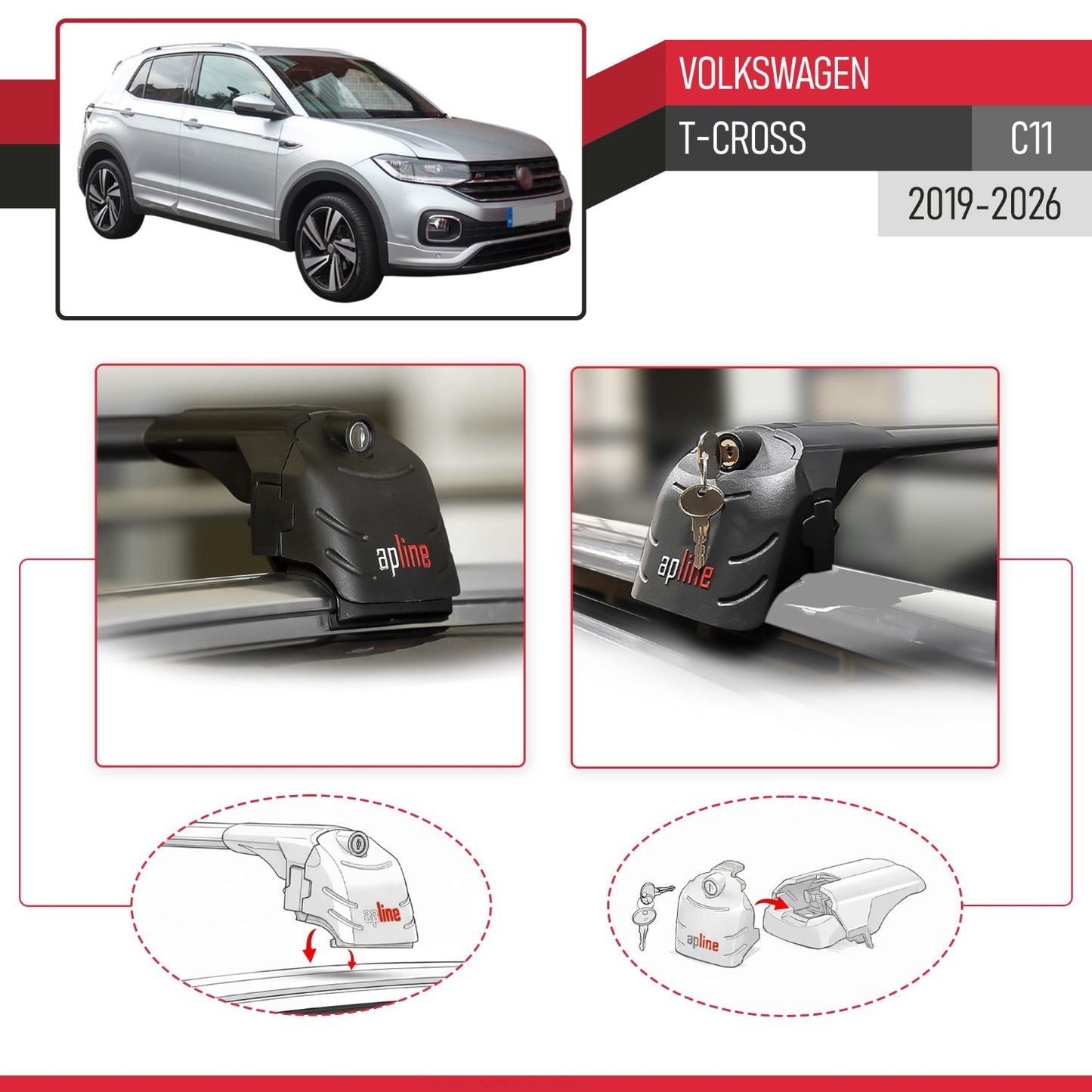 Compatible avec Volkswagen T-Cross (C11) 2019-2026 ACE-2 modèle Barres de Toit Railing Porte-Bagages de Voiture Noir Aluminium Barres