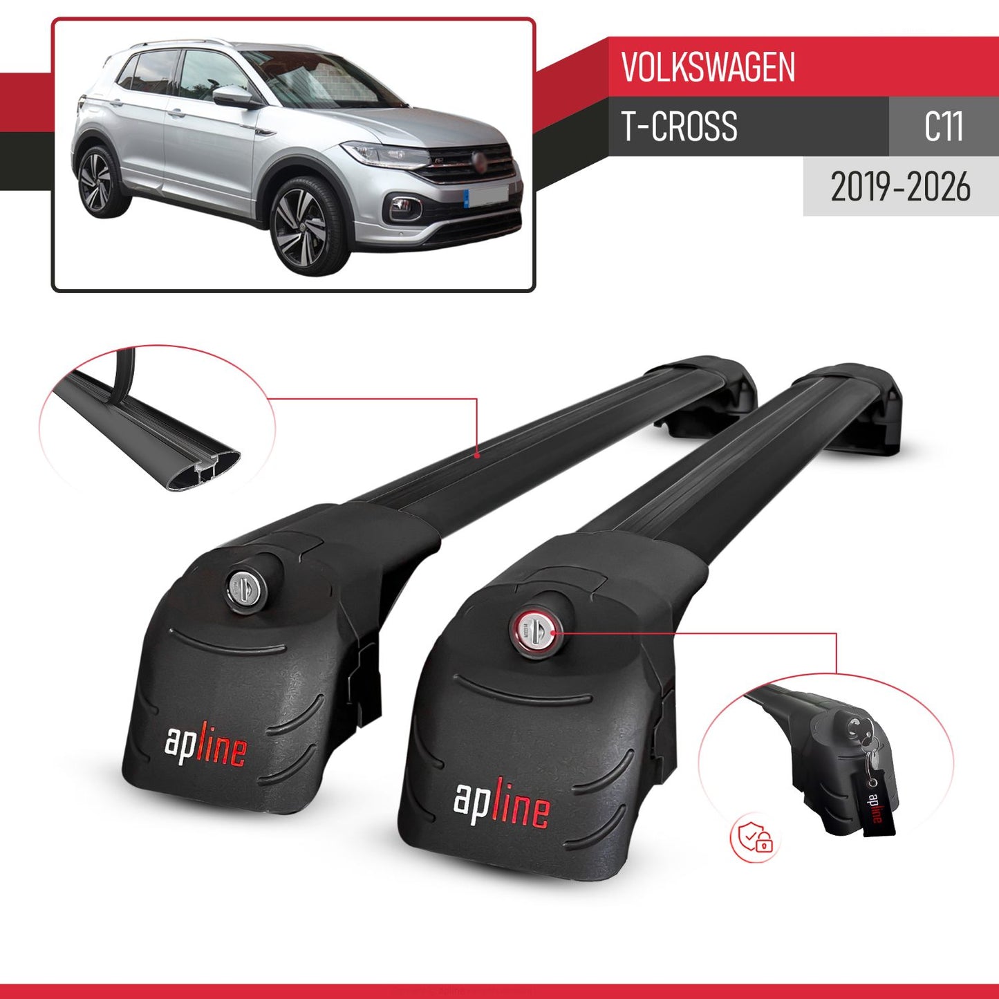 Compatible avec Volkswagen T-Cross (C11) 2019-2026 ACE-2 modèle Barres de Toit Railing Porte-Bagages de Voiture Noir Aluminium Barres