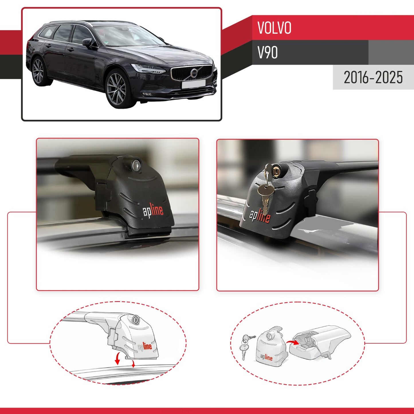 Compatible avec Volvo V90 2016-2025 ACE-2 modèle Barres de Toit Railing Porte-Bagages de Voiture Noir Aluminium Barres