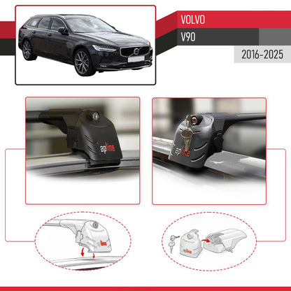 Compatible avec Volvo V90 2016-2025 ACE-2 modèle Barres de Toit Railing Porte-Bagages de Voiture Noir Aluminium Barres