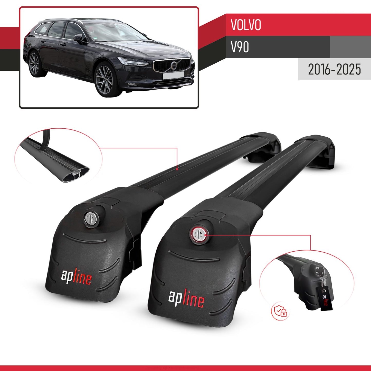 Compatible avec Volvo V90 2016-2025 ACE-2 modèle Barres de Toit Railing Porte-Bagages de Voiture Noir Aluminium Barres