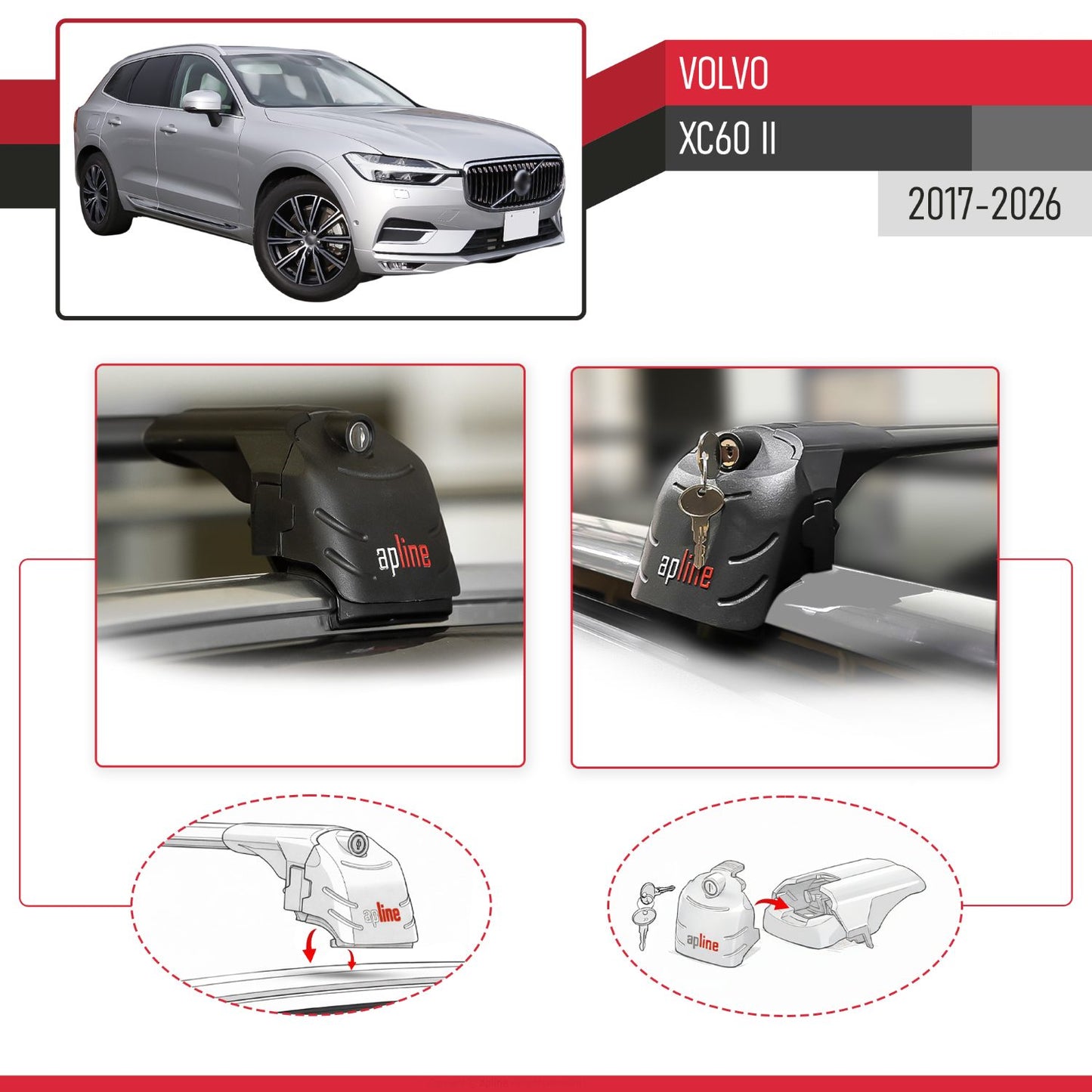 Kompatibel mit Volvo XC60 II 2017-2025 ACE-2 Relingträger Dachträger Auto Gepäckträger Schwarz Aluminium 2 Stangen
