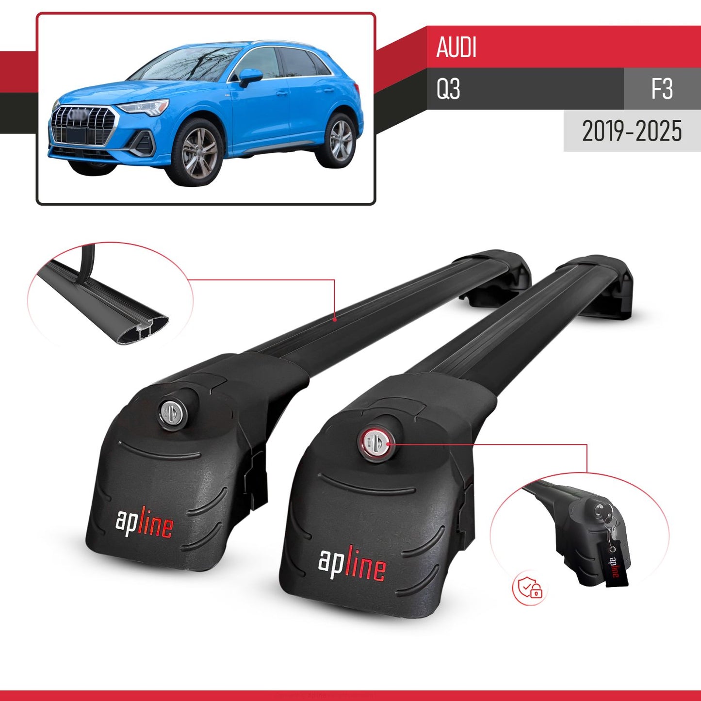 Compatible avec Audi Q3 (F3) 2019-2025 ACE-2 modèle Barres de Toit Railing Porte-Bagages de Voiture Noir Aluminium Barres