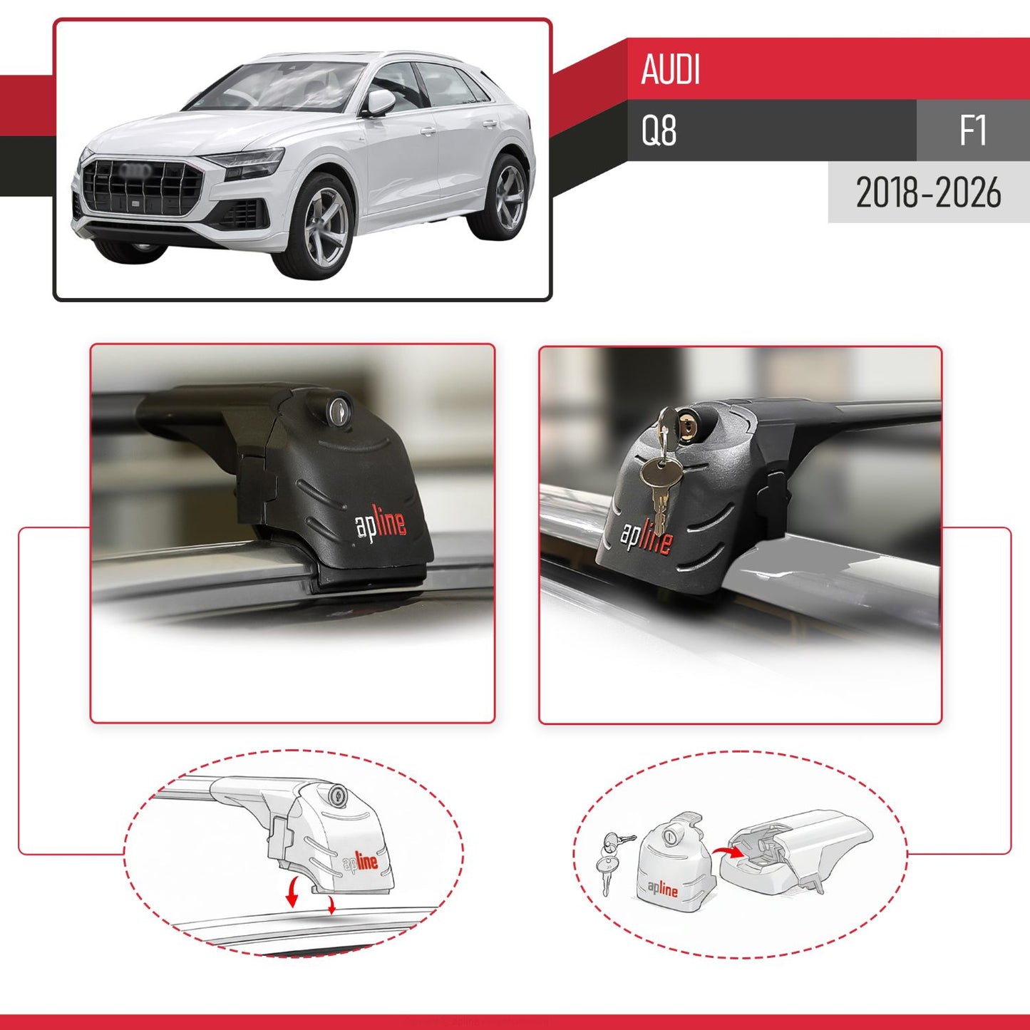 Compatible avec Audi Q8 (F1) 2018-2026 ACE-2 modèle Barres de Toit Railing Porte-Bagages de Voiture Noir Aluminium Barres