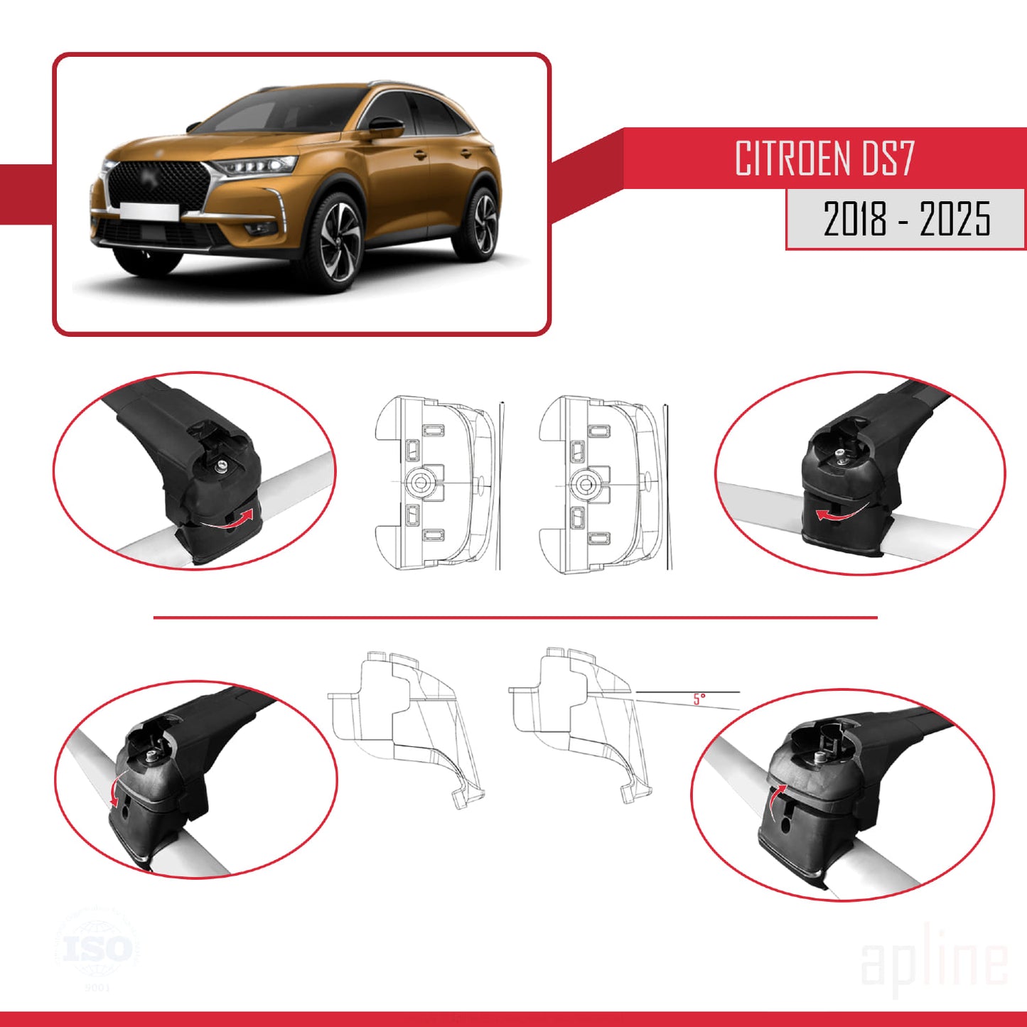 Compatible con Citroen/DS 7 Crossback 2018-2025 ACE-2 Barras de Techo Auto Portaequipajes Barras Transversales Negro Aluminio 2 Barras