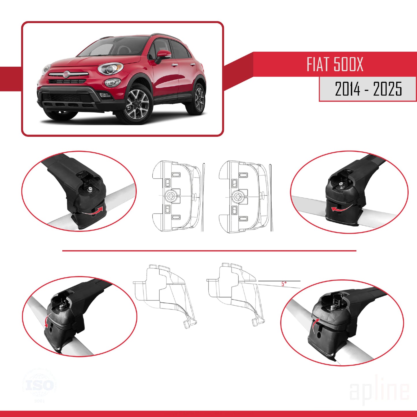 Compatible con Fiat 500X 2014-2025 ACE-2 Barras de Techo Auto Portaequipajes Barras Transversales Negro Aluminio 2 Barras