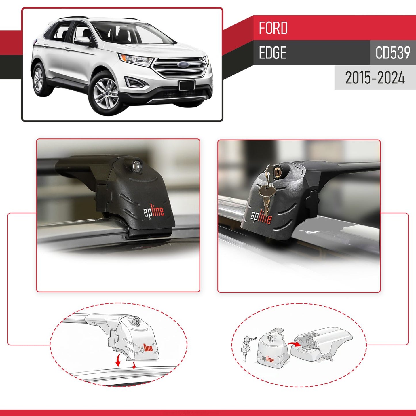 Compatible avec Ford Edge (CD539) 2015-2024 ACE-2 modèle Barres de Toit Railing Porte-Bagages de Voiture Noir Aluminium Barres