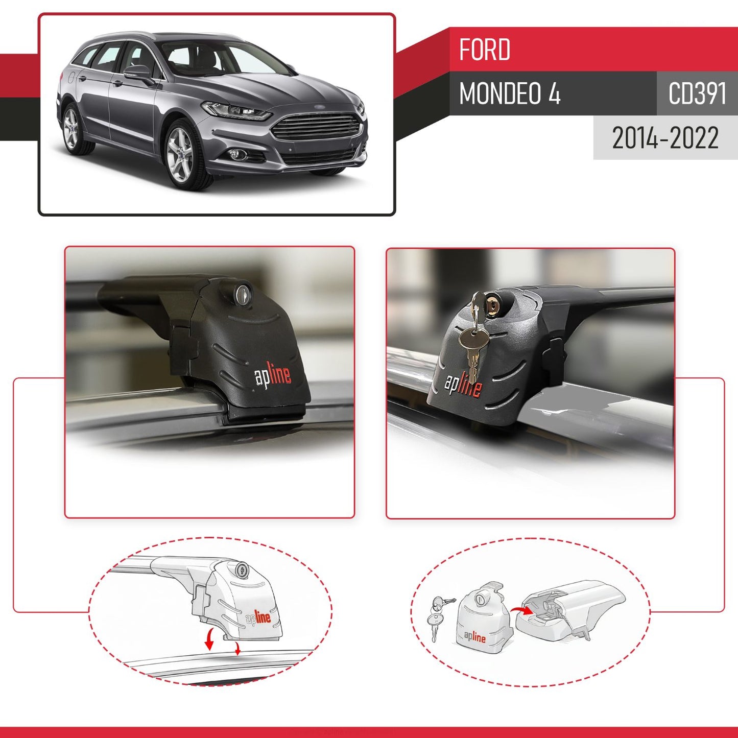 Compatible avec Ford Mondeo 4 (CD391) 2014-2022 ACE-2 modèle Barres de Toit Railing Porte-Bagages de Voiture Noir Aluminium Barres