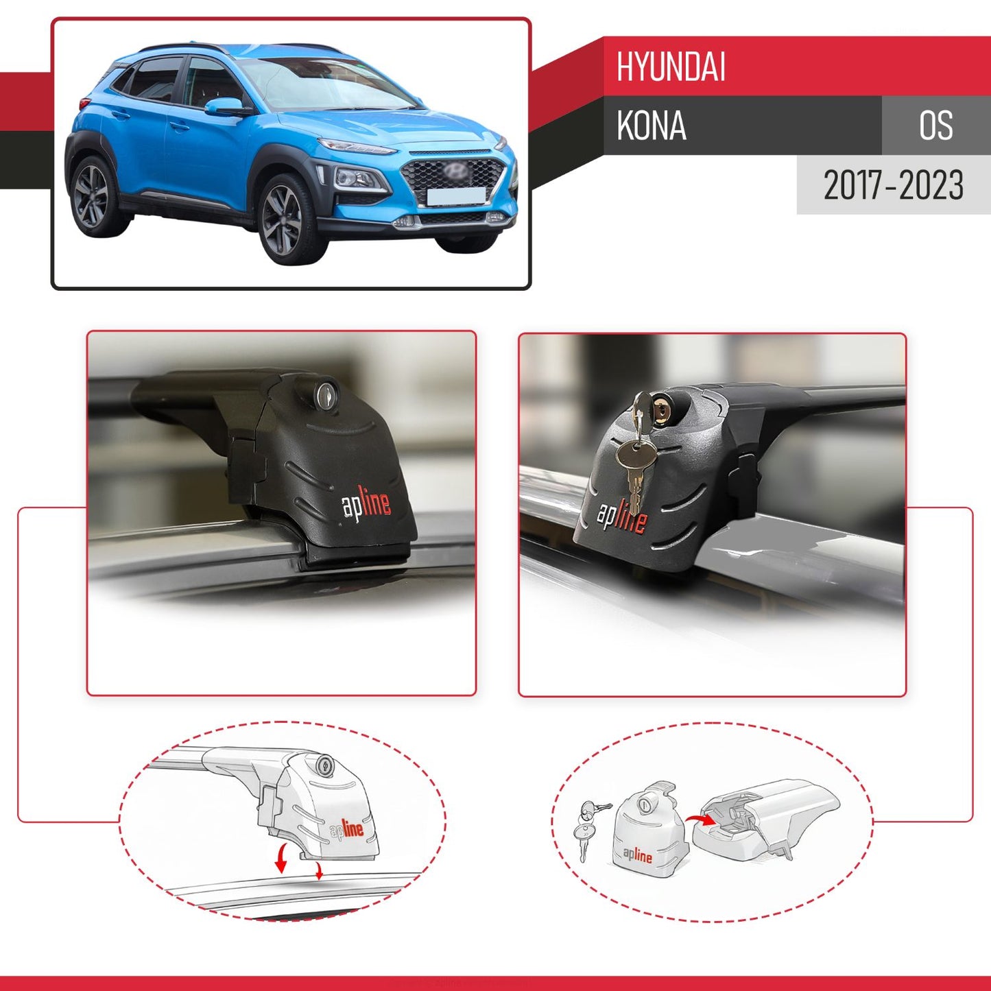 Compatible avec Hyundai Kona (OS) 2017-2023 ACE-2 modèle Barres de Toit Railing Porte-Bagages de Voiture Noir Aluminium Barres
