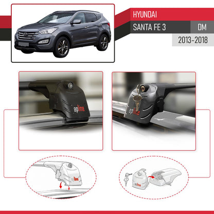 Kompatibel mit Hyundai Santa Fe 3 (DM) 2013-2018 ACE-2 Relingträger Dachträger Auto Gepäckträger Schwarz Aluminium 2 Stangen