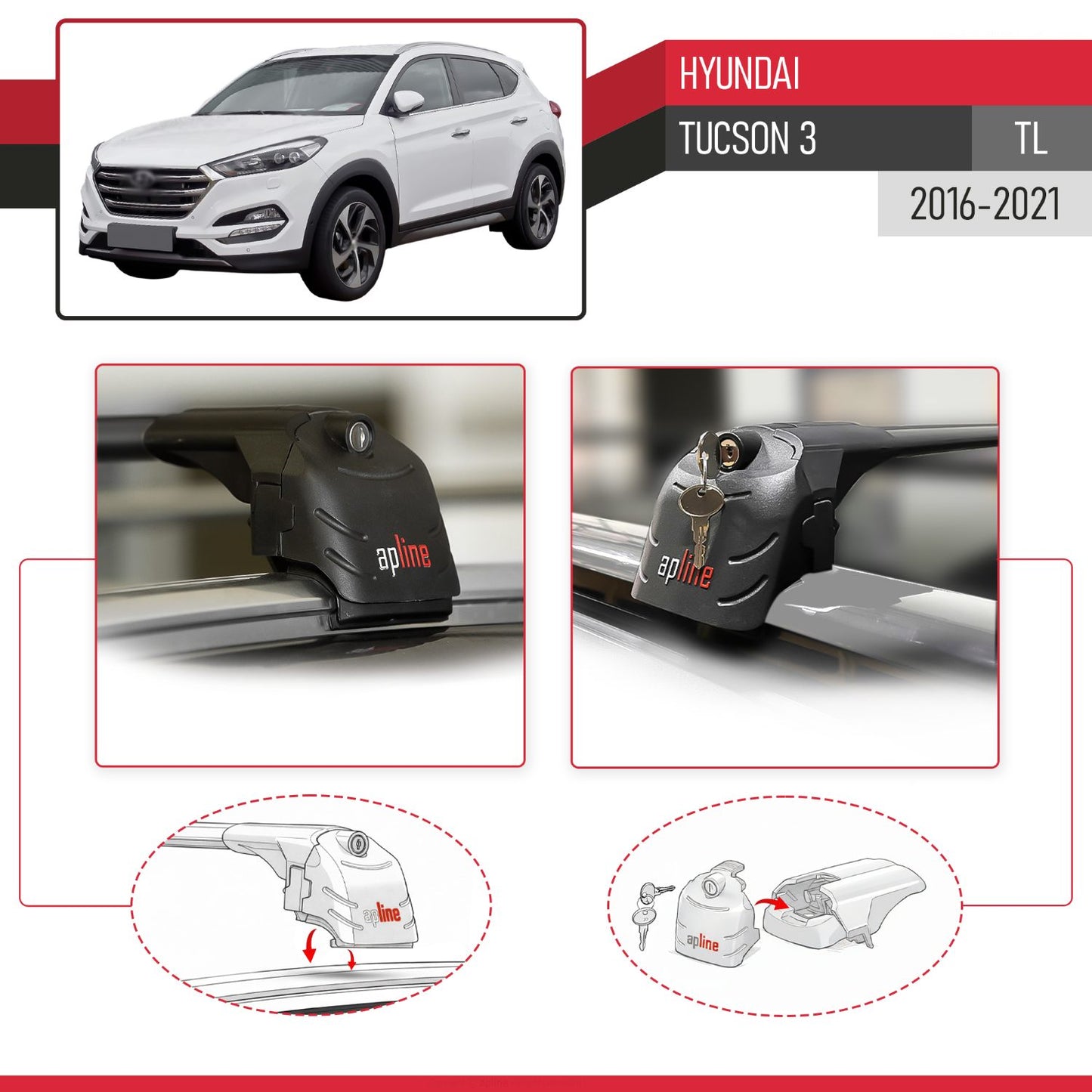 Compatible avec Hyundai Tucson 3 (TL) 2016-2021 ACE-2 modèle Barres de Toit Railing Porte-Bagages de Voiture Noir Aluminium Barres