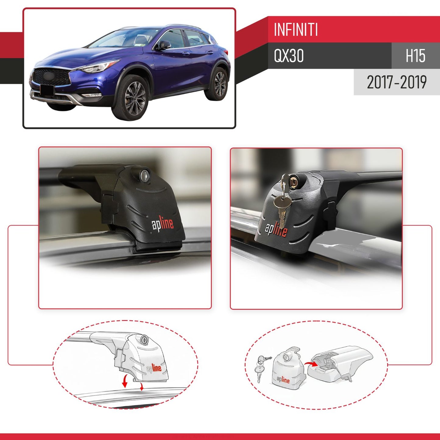 Compatible avec Infiniti QX30 (H15) 2017-2019 ACE-2 modèle Barres de Toit Railing Porte-Bagages de Voiture Noir Aluminium Barres