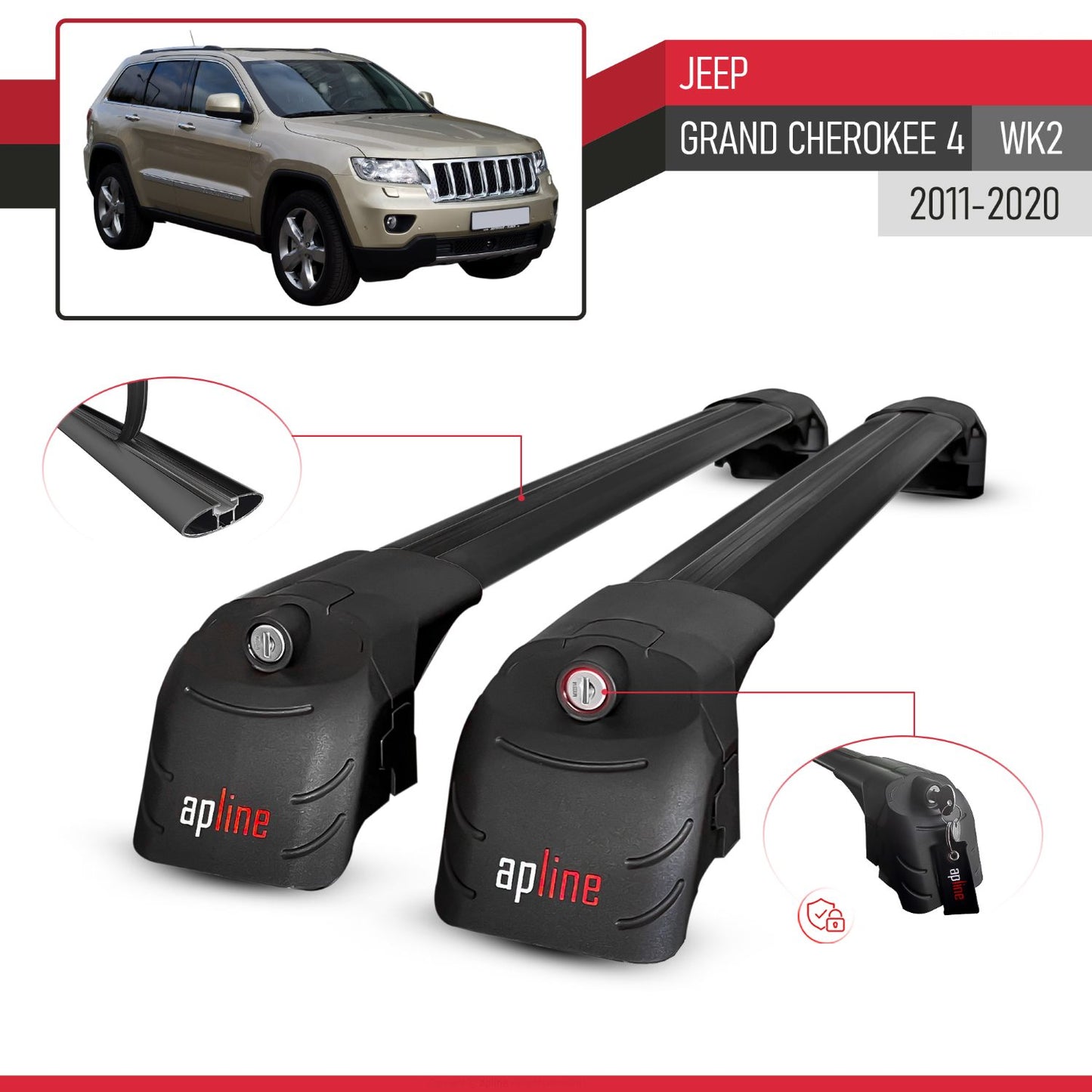 Compatible avec Jeep Grand Cherokee 4 (WK2) 2011-2020 ACE-2 modèle Barres de Toit Railing Porte-Bagages de Voiture Noir Aluminium Barres