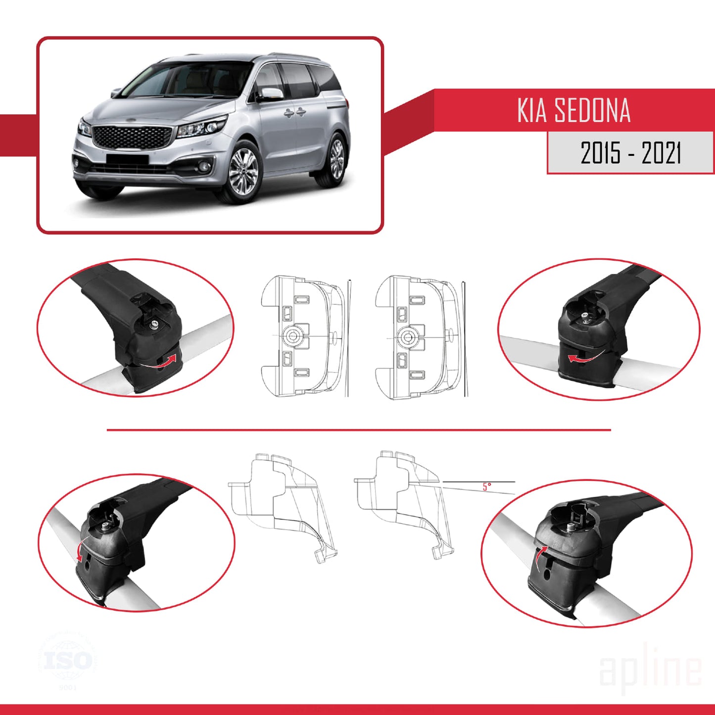 Compatible avec Kia Sedona 3 (YP) 2015-2021 ACE-2 Barres de Toit Railing Porte-Bagages de Voiture Noir Aluminium 2 Barres