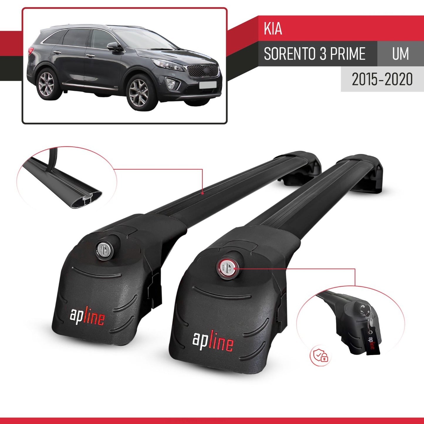 Compatible avec Kia Sorento 3 (UM) Prime 2015-2020 ACE-2 modèle Barres de Toit Railing Porte-Bagages de Voiture Noir Aluminium Barres