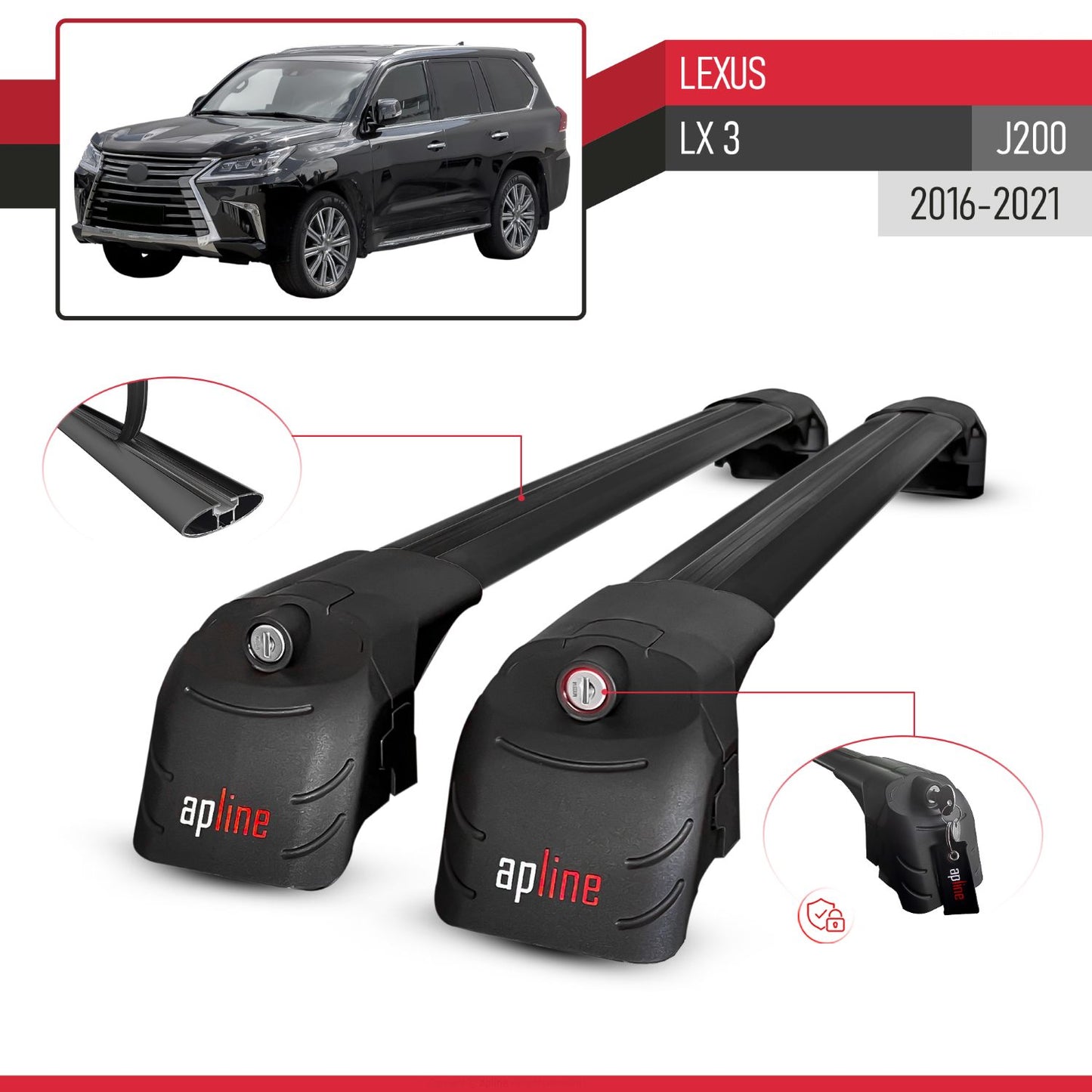 Compatible avec Lexus LX 3 (J200) 2016-2021 ACE-2 modèle Barres de Toit Railing Porte-Bagages de Voiture Noir Aluminium Barres