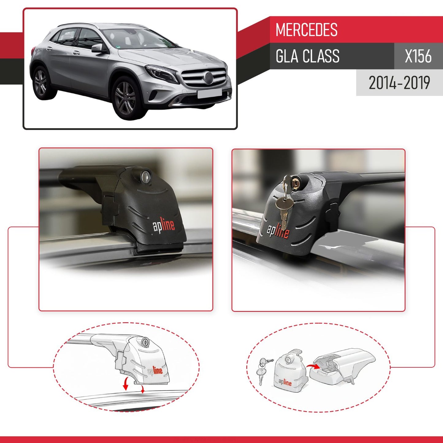 Kompatibel mit Mercedes GLA Klasse (X156) 2014-2019 ACE-2 Relingträger Dachträger Auto Gepäckträger Schwarz Aluminium 2 Stangen