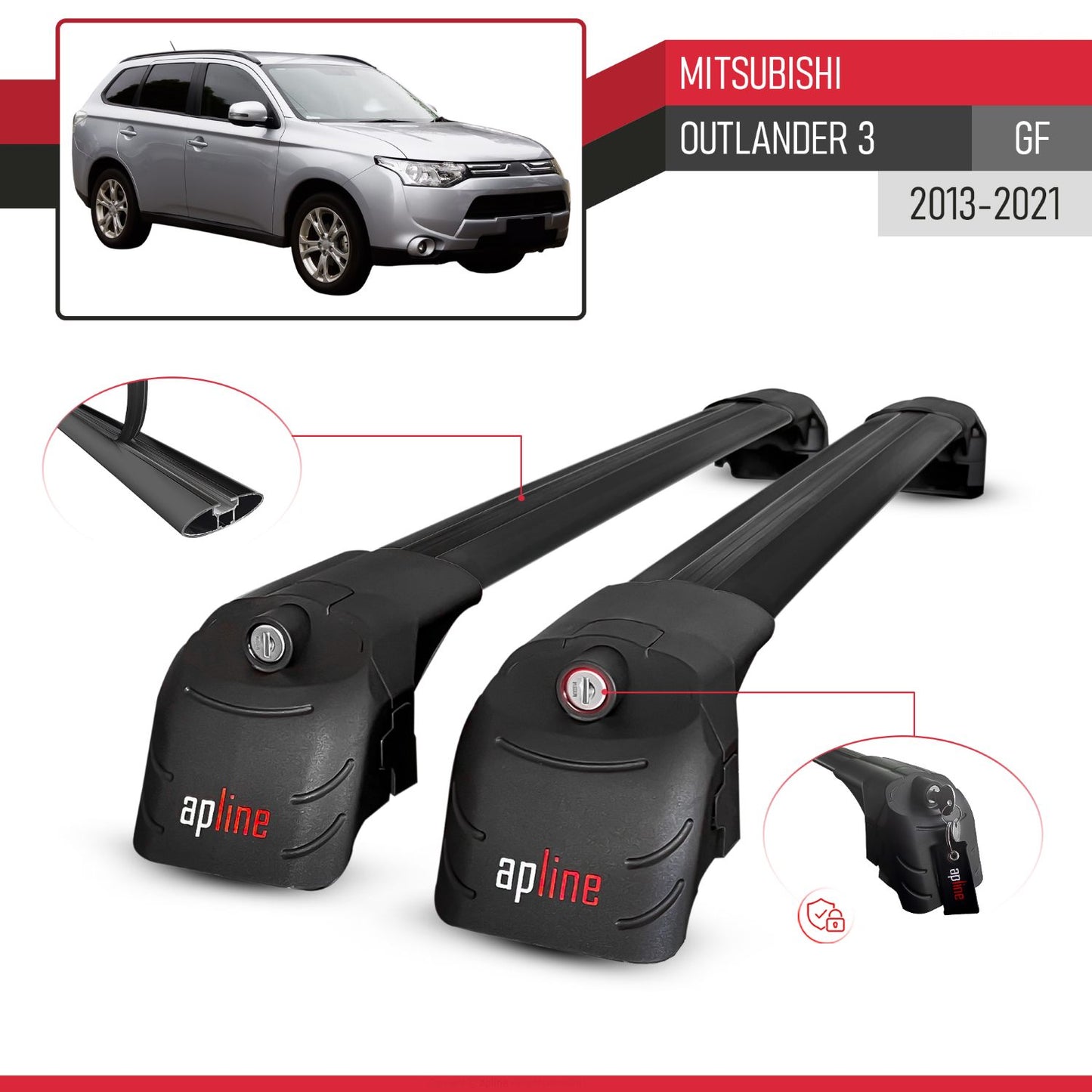 ACE-2 Dakdrager bagagedrager compatibel met Mitsubishi Outlander 3 2013-2018 Spoorstaven Zwart Aluminium 2 Staven