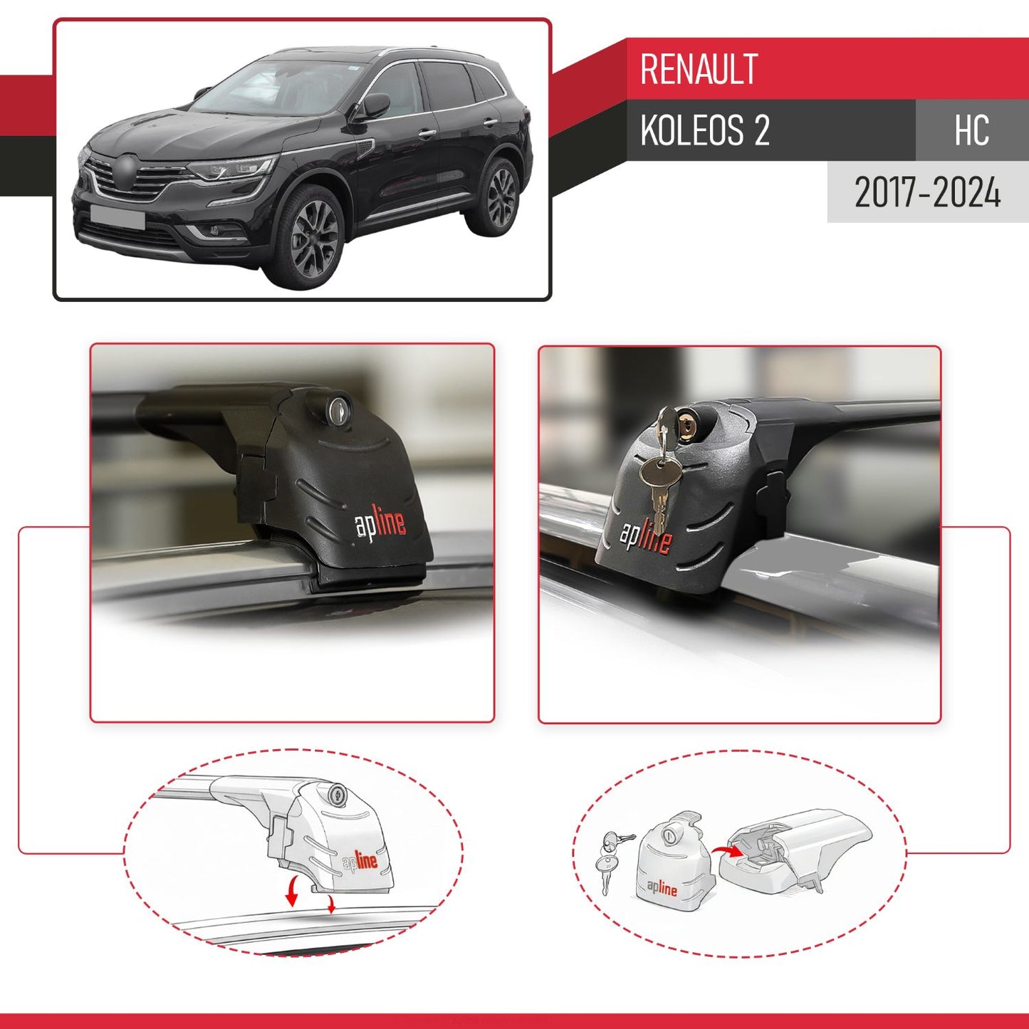 Compatible with Renault Koleos 2 (HC) 2017-2024 ACE-2 Car Roof Rack Cross Bar Black Aluminium 2 Bars