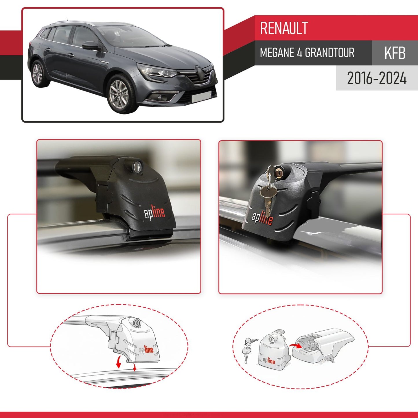ACE-2 Dakdrager bagagedrager compatibel met Renault Megane 4 (KFB) Grandtour 2016-2023 Spoorstaven Zwart Aluminium 2 Staven