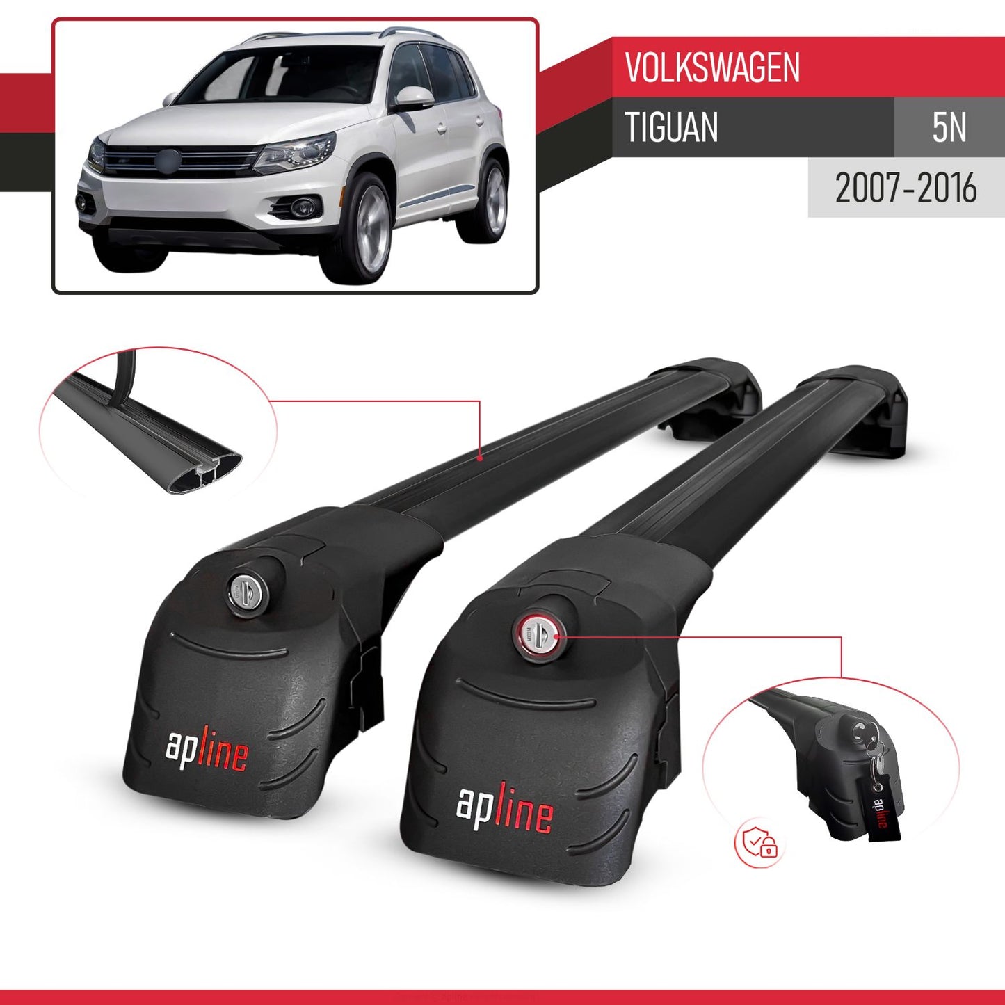 Kompatibel mit Volkswagen Tiguan (5N) 2007-2016 ACE-2 Relingträger Dachträger Auto Gepäckträger Schwarz Aluminium 2 Stangen