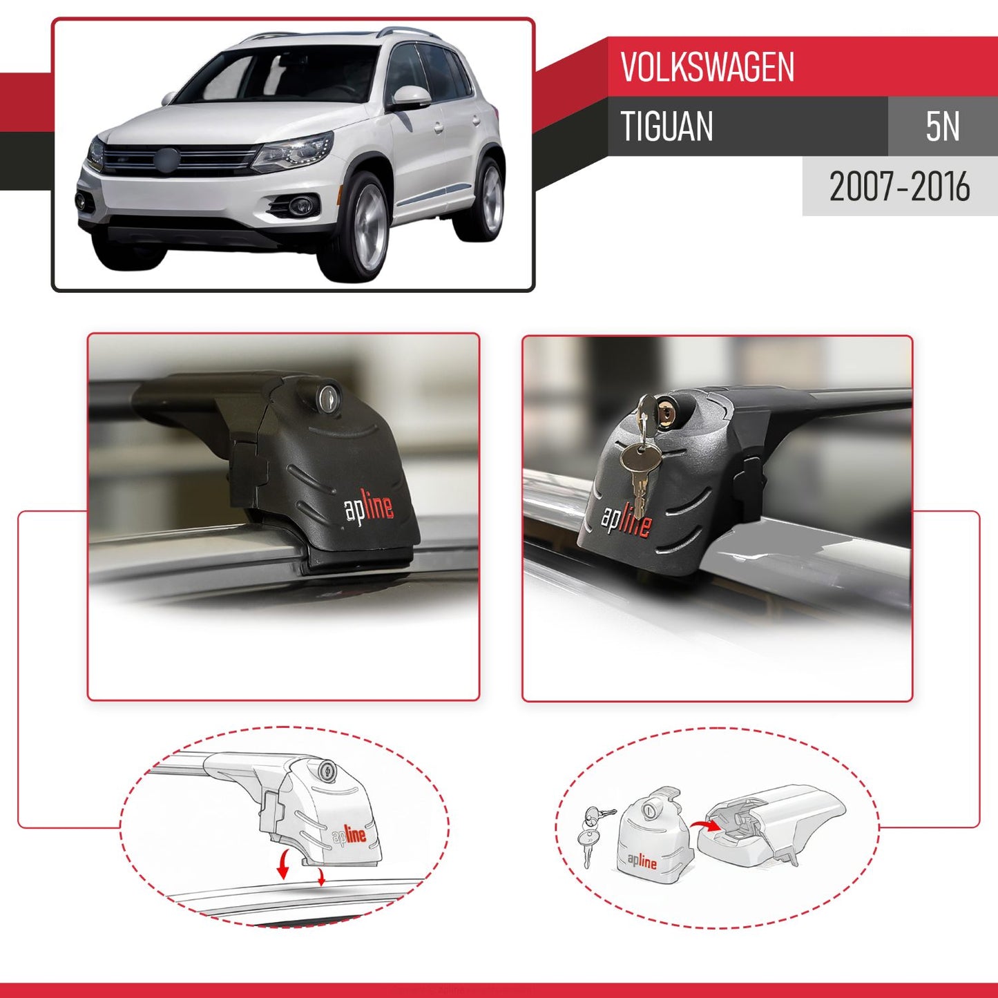 Kompatibel mit Volkswagen Tiguan (5N) 2007-2016 ACE-2 Relingträger Dachträger Auto Gepäckträger Schwarz Aluminium 2 Stangen