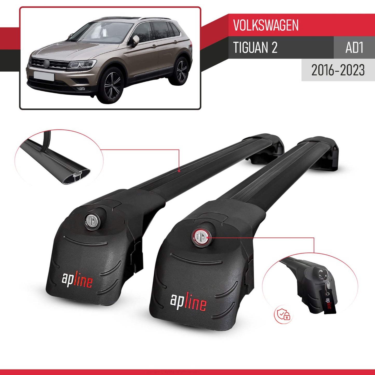 Kompatibel mit Volkswagen Tiguan 2 (AD1) 2016-2023 ACE-2 Relingträger Dachträger Auto Gepäckträger Schwarz Aluminium 2 Stangen