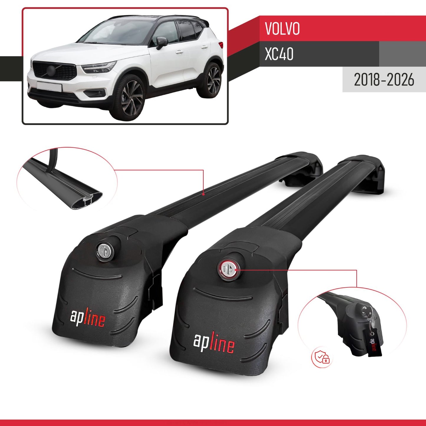 Compatible avec Volvo XC40 2018-2026 ACE-2 modèle Barres de Toit Railing Porte-Bagages de Voiture Noir Aluminium Barres
