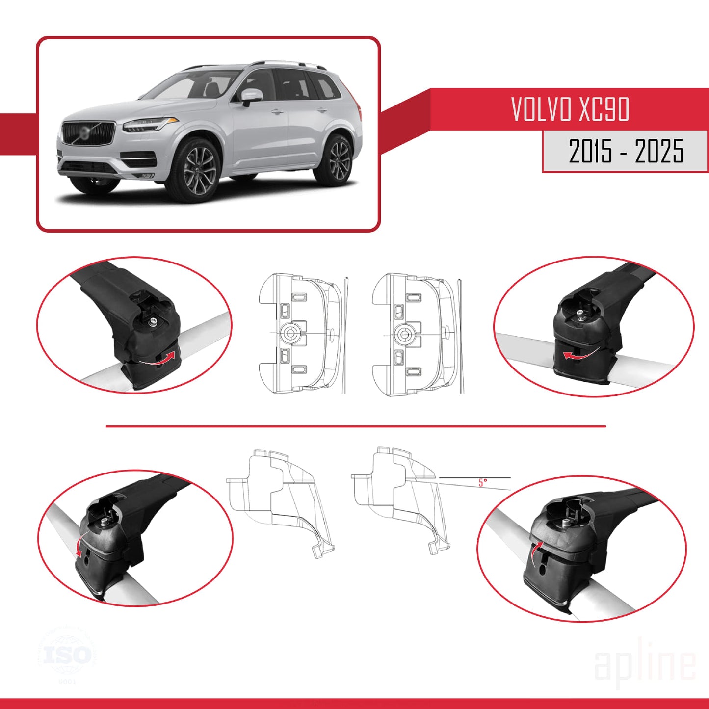 Compatible avec Volvo XC90 II 2015-2025 ACE-2 Barres de Toit Railing Porte-Bagages de Voiture Noir Aluminium 2 Barres