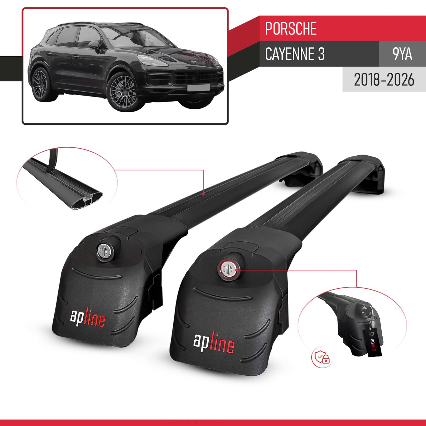 Compatible avec Porsche Cayenne 3 (9YA) 2018-2026 ACE-2 modèle Barres de Toit Railing Porte-Bagages de Voiture Noir Aluminium Barres
