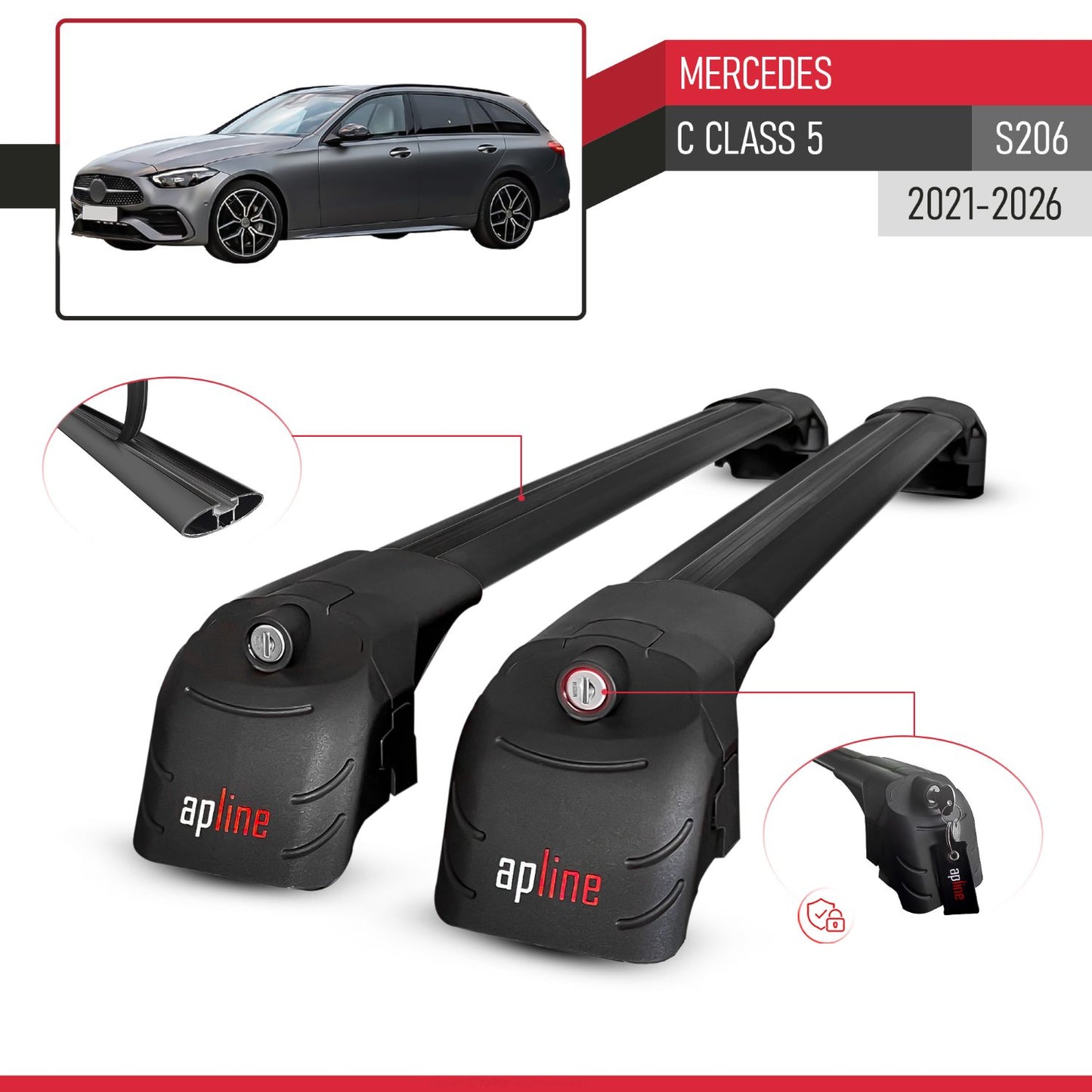 Compatible avec Mercedes C Class 5 (S206) 2021-2026 ACE-2 modèle Barres de Toit Railing Porte-Bagages de Voiture Noir Aluminium Barres