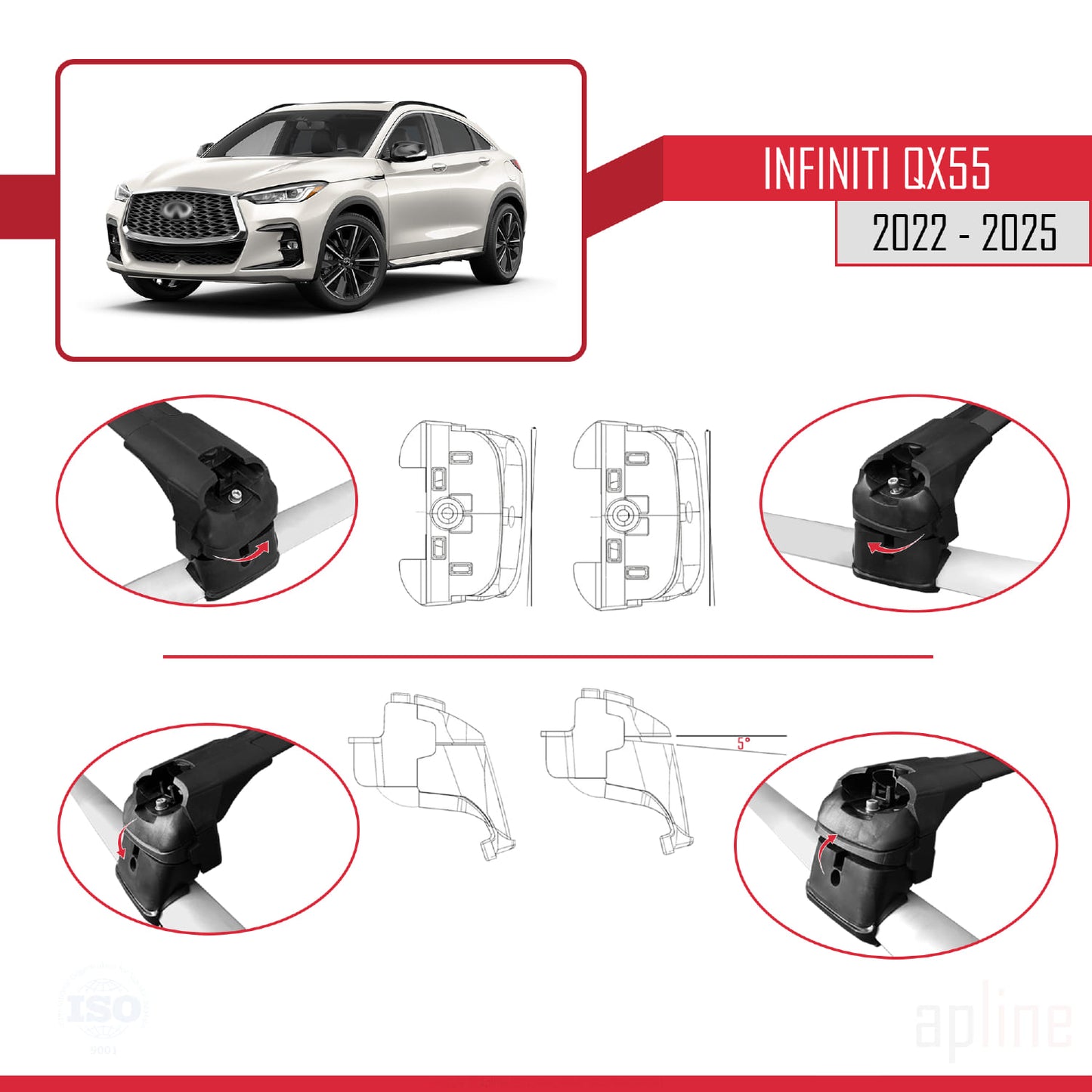 Compatible avec Infiniti QX55 (J55) 2022-2025 ACE-2 Barres de Toit Railing Porte-Bagages de Voiture Noir Aluminium 2 Barres