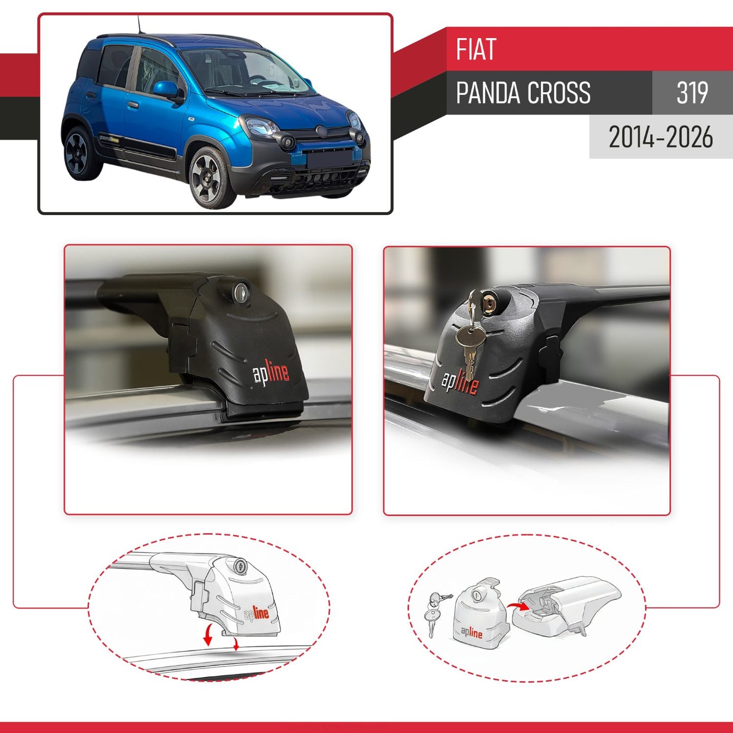 Compatible avec Fiat Panda Cross (319) 2014-2026 ACE-2 modèle Barres de Toit Railing Porte-Bagages de Voiture Noir Aluminium Barres