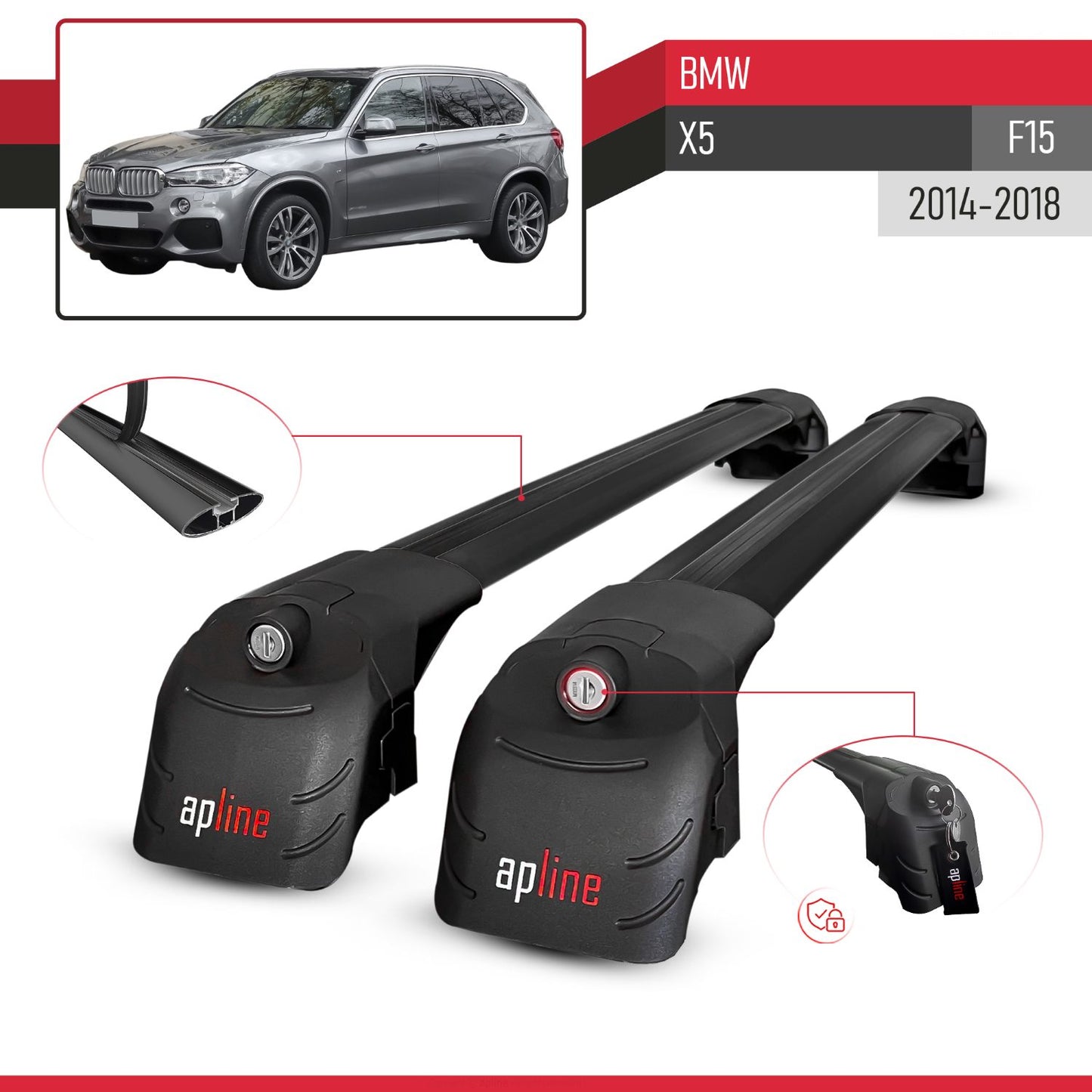 Kompatibel mit BMW X5 (F15) 2014-2018 ACE-2 Relingträger Dachträger Auto Gepäckträger Schwarz Aluminium 2 Stangen