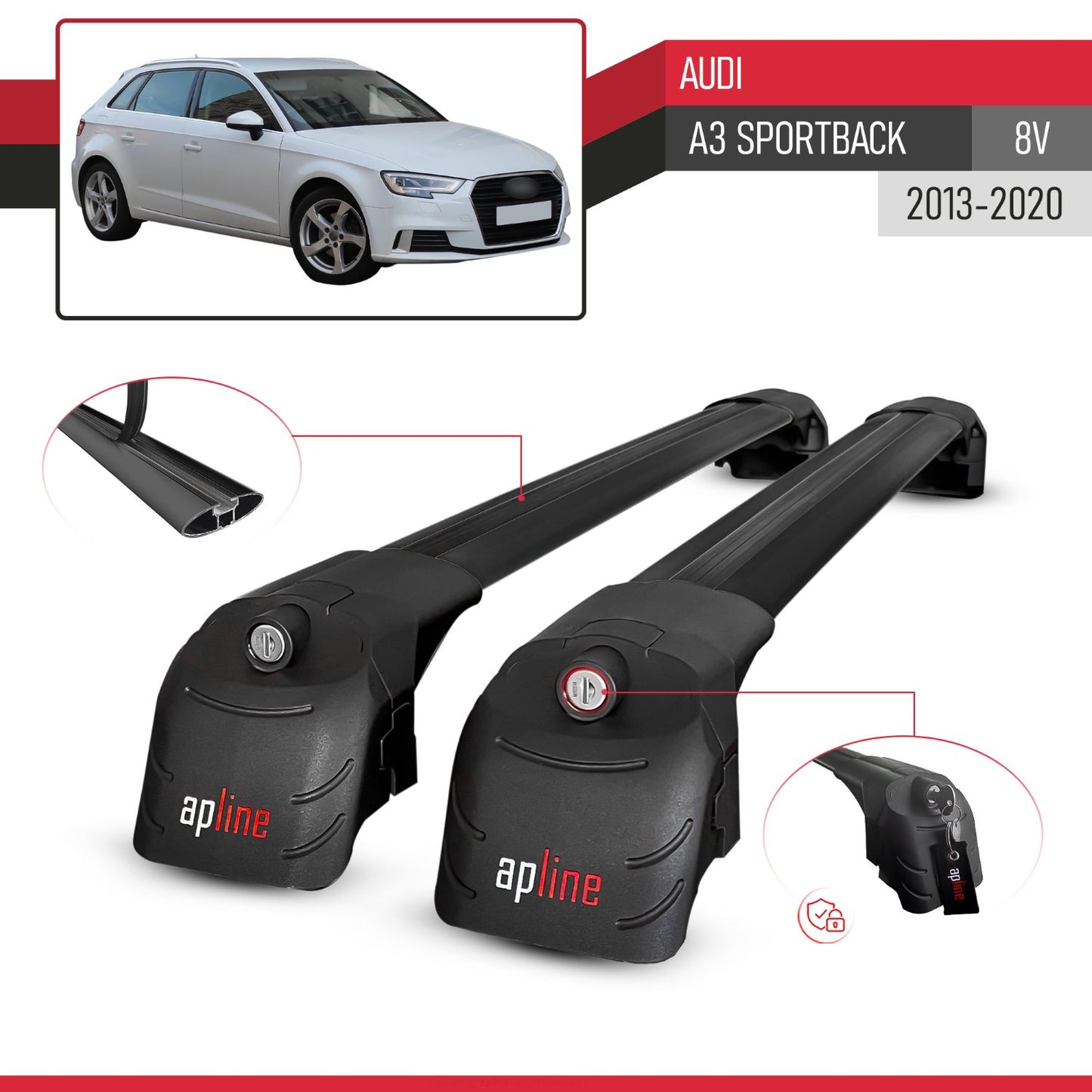 Compatible avec Audi A3 Sportback (8V) 2013-2020 ACE-2 modèle Barres de Toit Railing Porte-Bagages de Voiture Noir Aluminium Barres