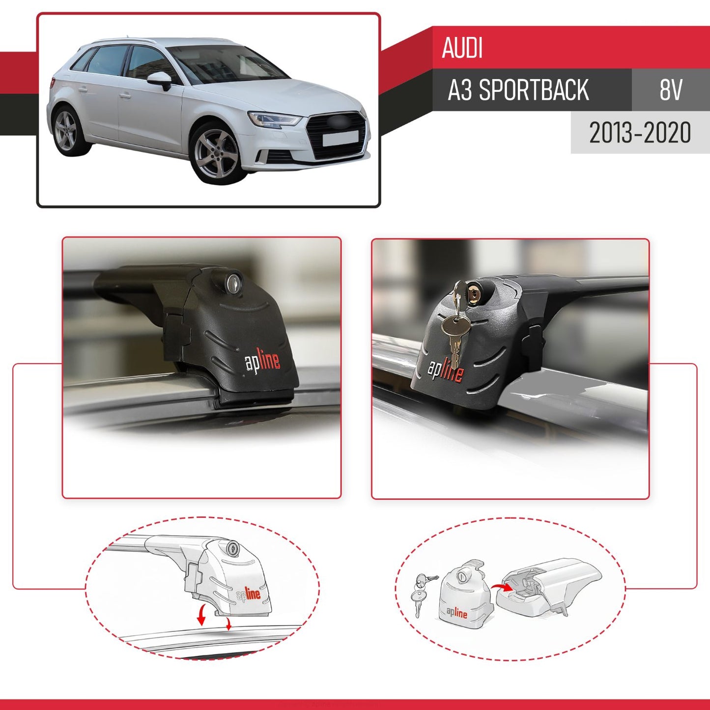 Compatible avec Audi A3 Sportback (8V) 2013-2020 ACE-2 modèle Barres de Toit Railing Porte-Bagages de Voiture Noir Aluminium Barres