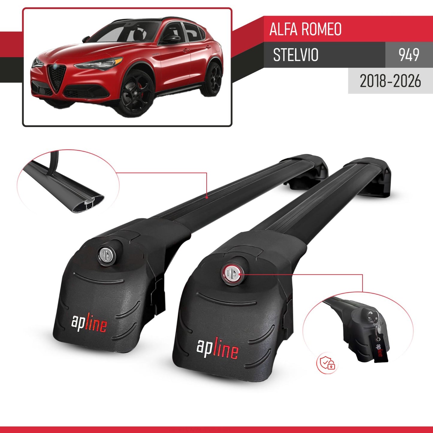 ACE-2 Dakdrager bagagedrager compatibel met Alfa Romeo Stelvio 2018-2024 Spoorstaven Zwart Aluminium 2 Staven