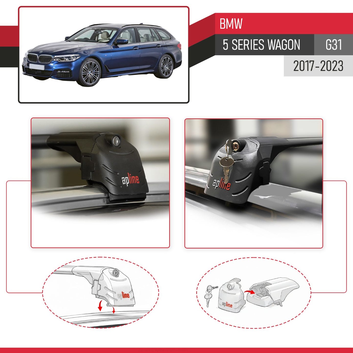 Compatible avec BMW 5 Series (G31) Wagon 2017-2023 ACE-2 modèle Barres de Toit Railing Porte-Bagages de Voiture Noir Aluminium Barres