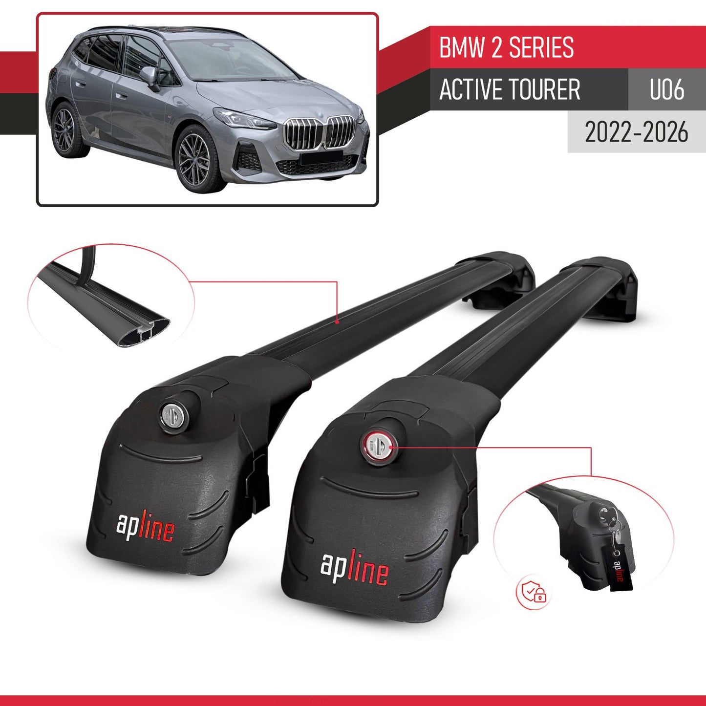 Kompatibel mit BMW 2 Series Active Tourer 2022-2024 ACE-2 Relingträger Dachträger Auto Gepäckträger Schwarz Aluminium 2 Stangen