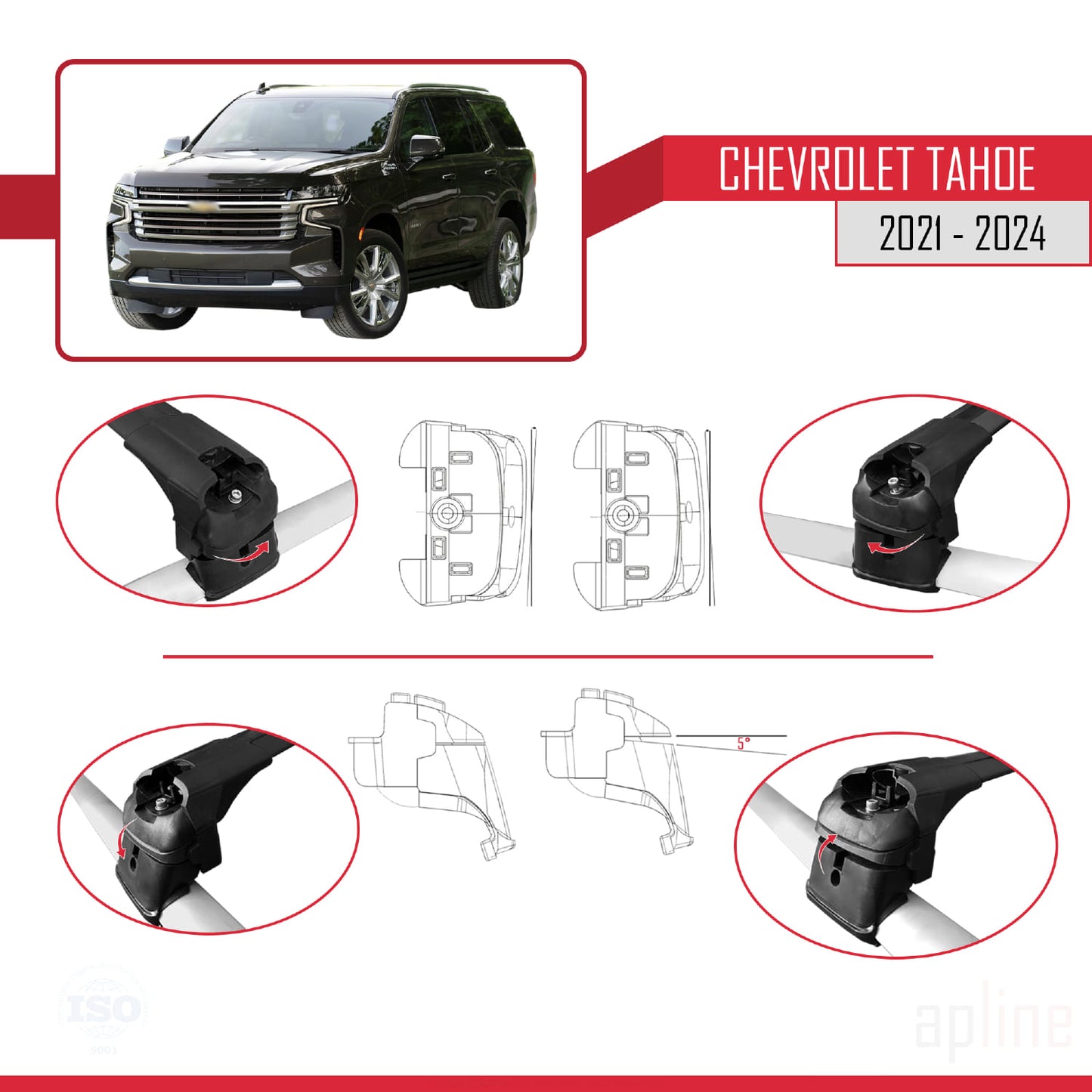 Compatible avec Chevrolet Tahoe 2021-2024 ACE-2 Barres de Toit Railing Porte-Bagages de Voiture Noir Aluminium 2 Barres