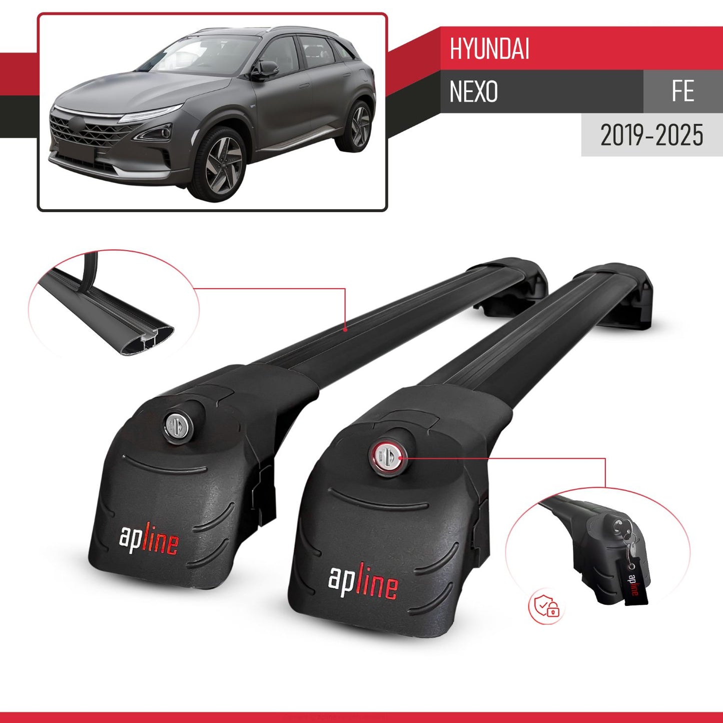 Compatible avec Hyundai Nexo (FE) 2019-2025 ACE-2 modèle Barres de Toit Railing Porte-Bagages de Voiture Noir Aluminium Barres
