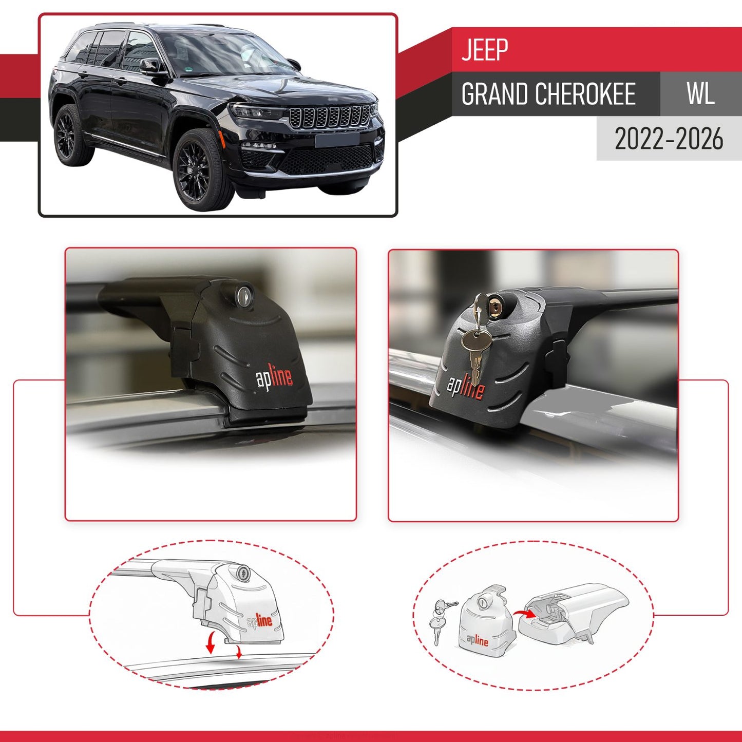Compatible avec Jeep Grand Cherokee (WL) 2022-2026 ACE-2 modèle Barres de Toit Railing Porte-Bagages de Voiture Noir Aluminium Barres