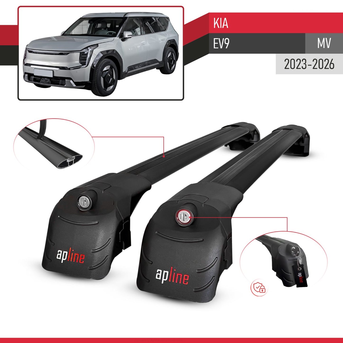 ACE-2 Dakdrager bagagedrager compatibel met Kia E V9 2024-2025 Spoorstaven Zwart Aluminium 2 Staven