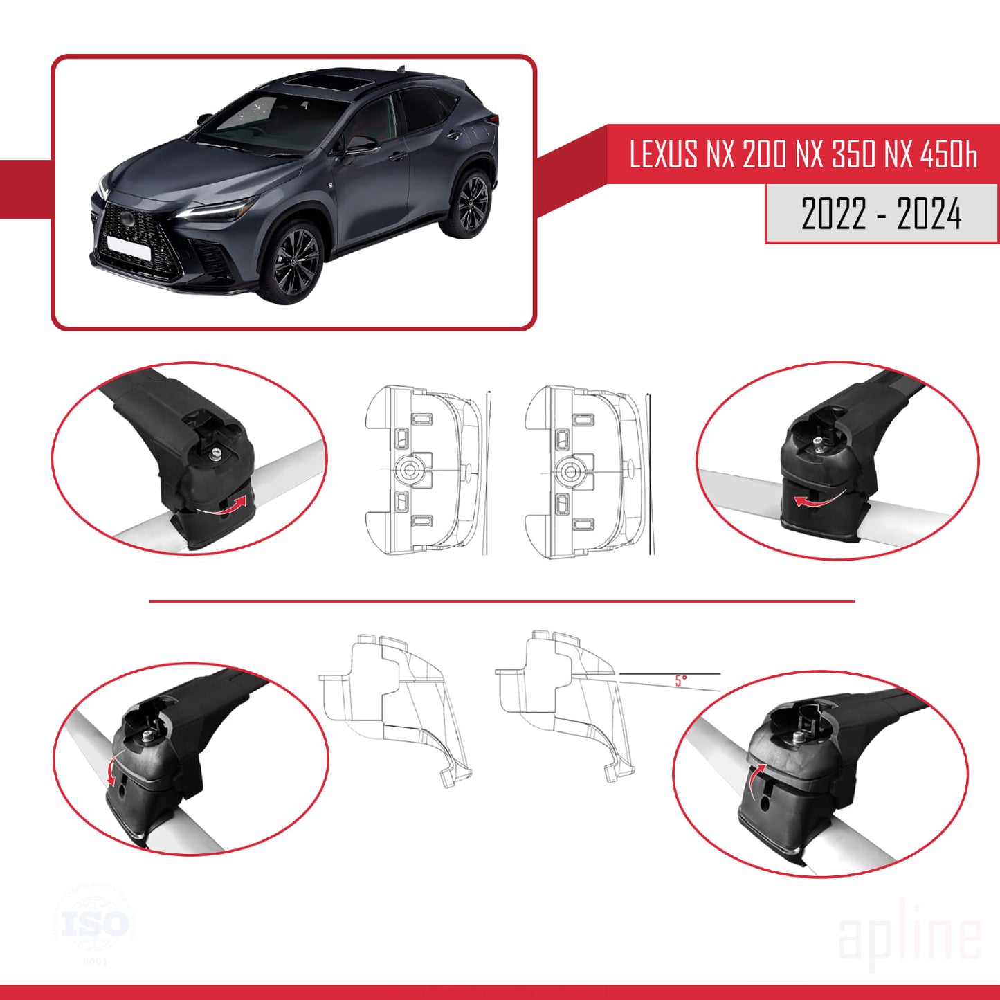 Compatible avec Lexus NX 200 NX 350 NX 450H 2022-2024 ACE-2 Barres de Toit Railing Porte-Bagages de Voiture Noir Aluminium 2 Barres