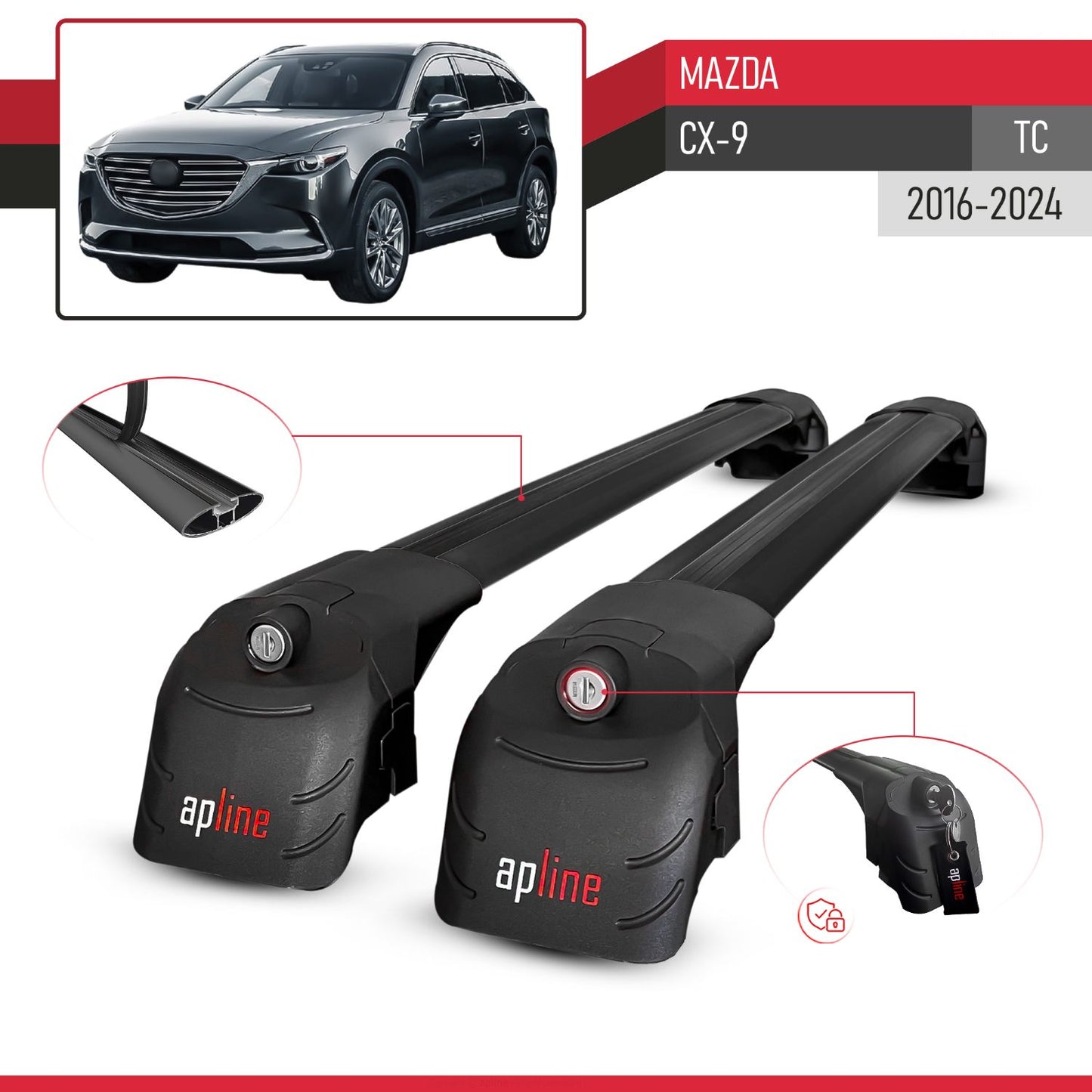 Compatible avec Mazda CX-9 (TC) 2016-2024 ACE-2 modèle Barres de Toit Railing Porte-Bagages de Voiture Noir Aluminium Barres